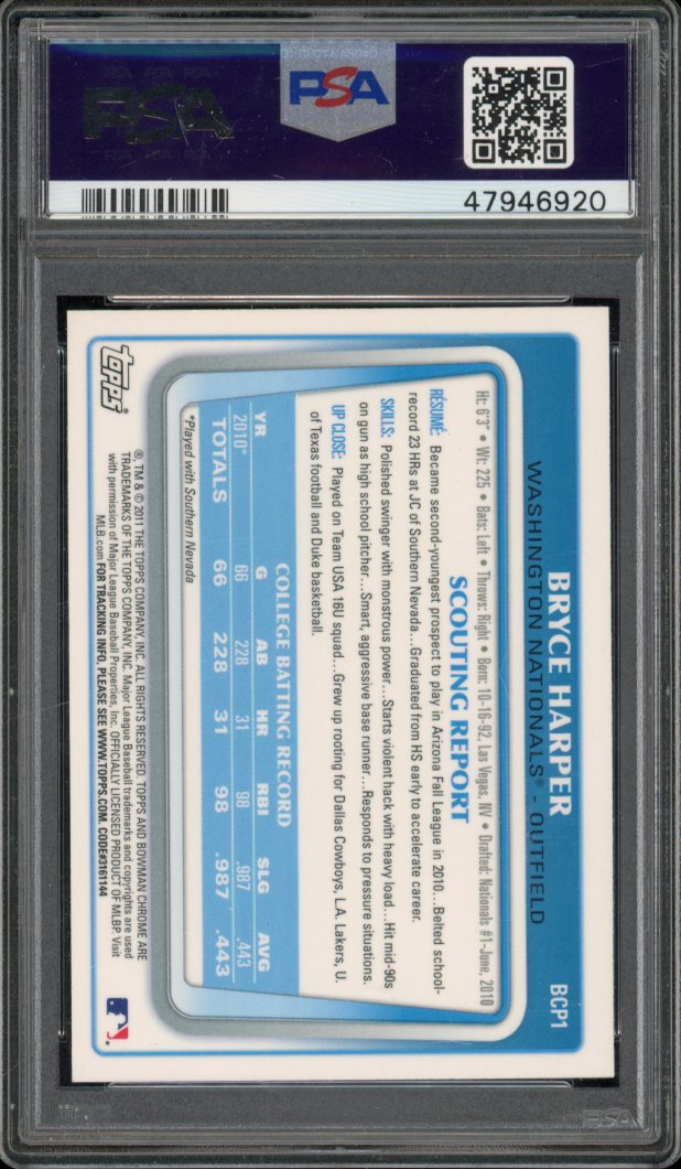2011 Bowman Chrome Bryce Harper Prospects PSA 10