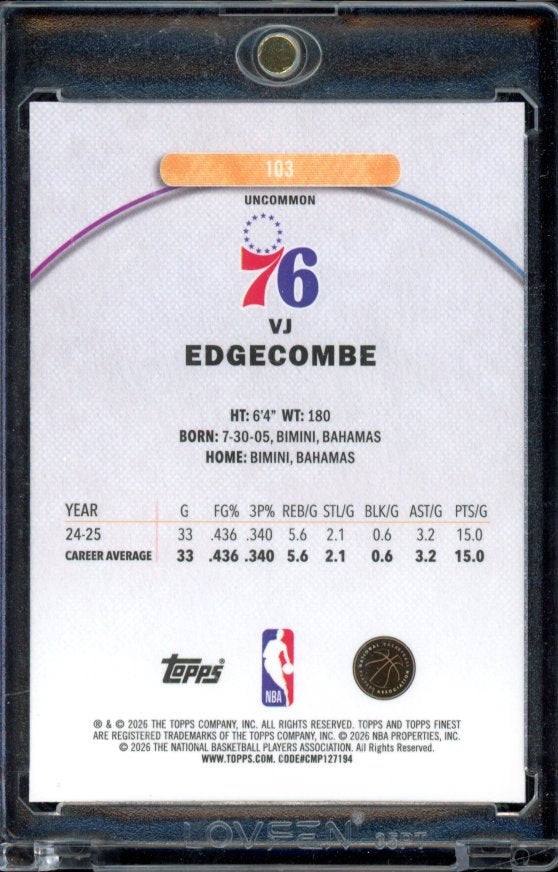 2025-26 Topps Finest VJ Edgecombe Purple Rookie /200 Uncommon