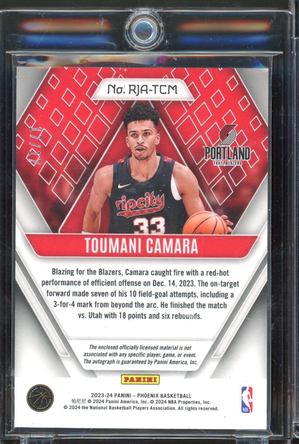 2023 Phoenix Toumani Camara Onyx FOTL Patch Auto 17/17 RC