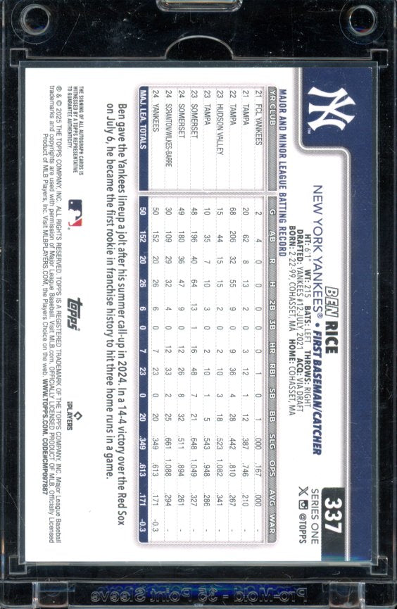 2025 Topps Series One Ben Rice Real One Rookie Auto