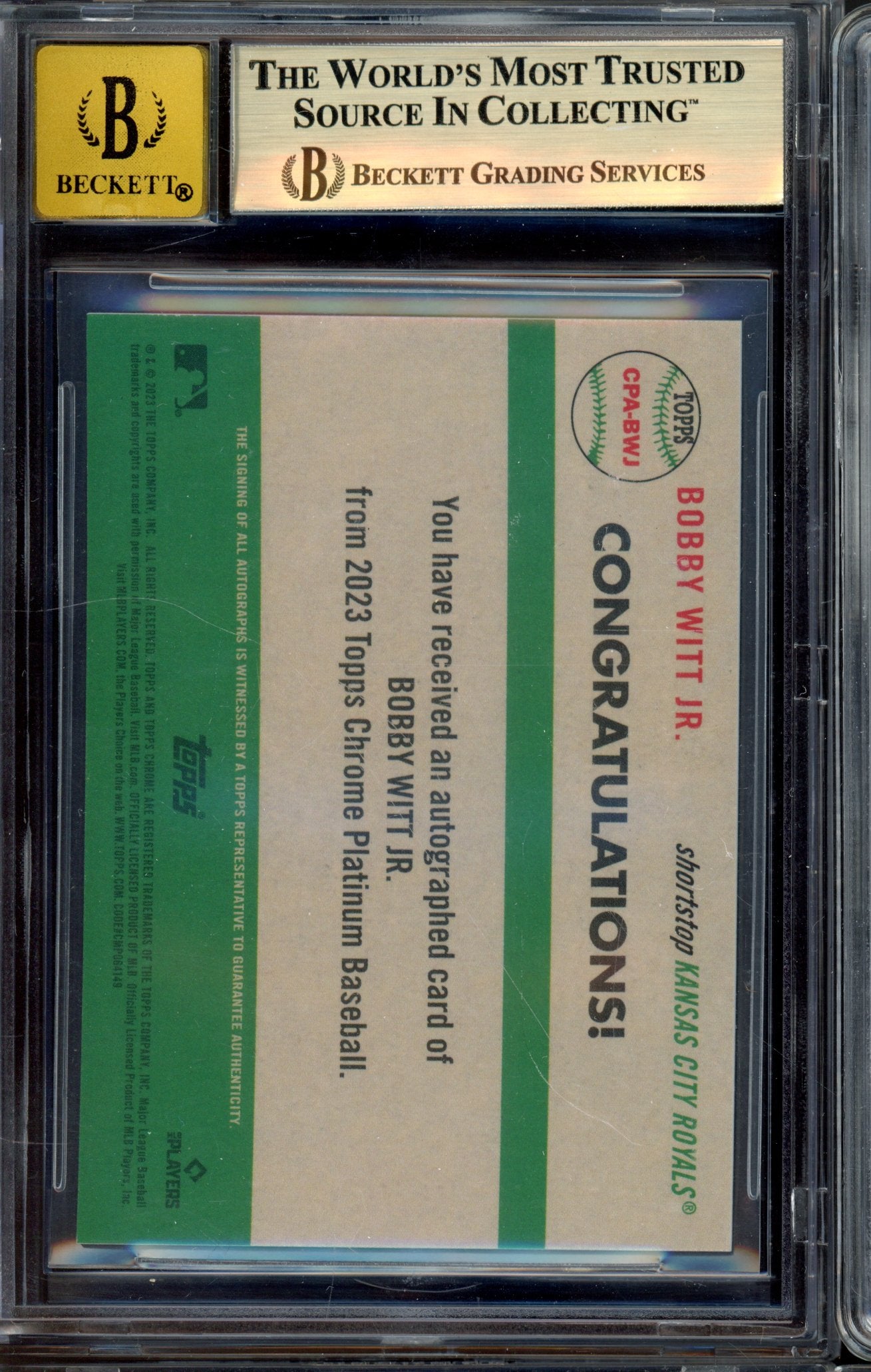 2023 Topps Chrome Platinum Anniv. Bobby Witt Blue Auto 29/99 BGS 9.5 AUTO 10 RC