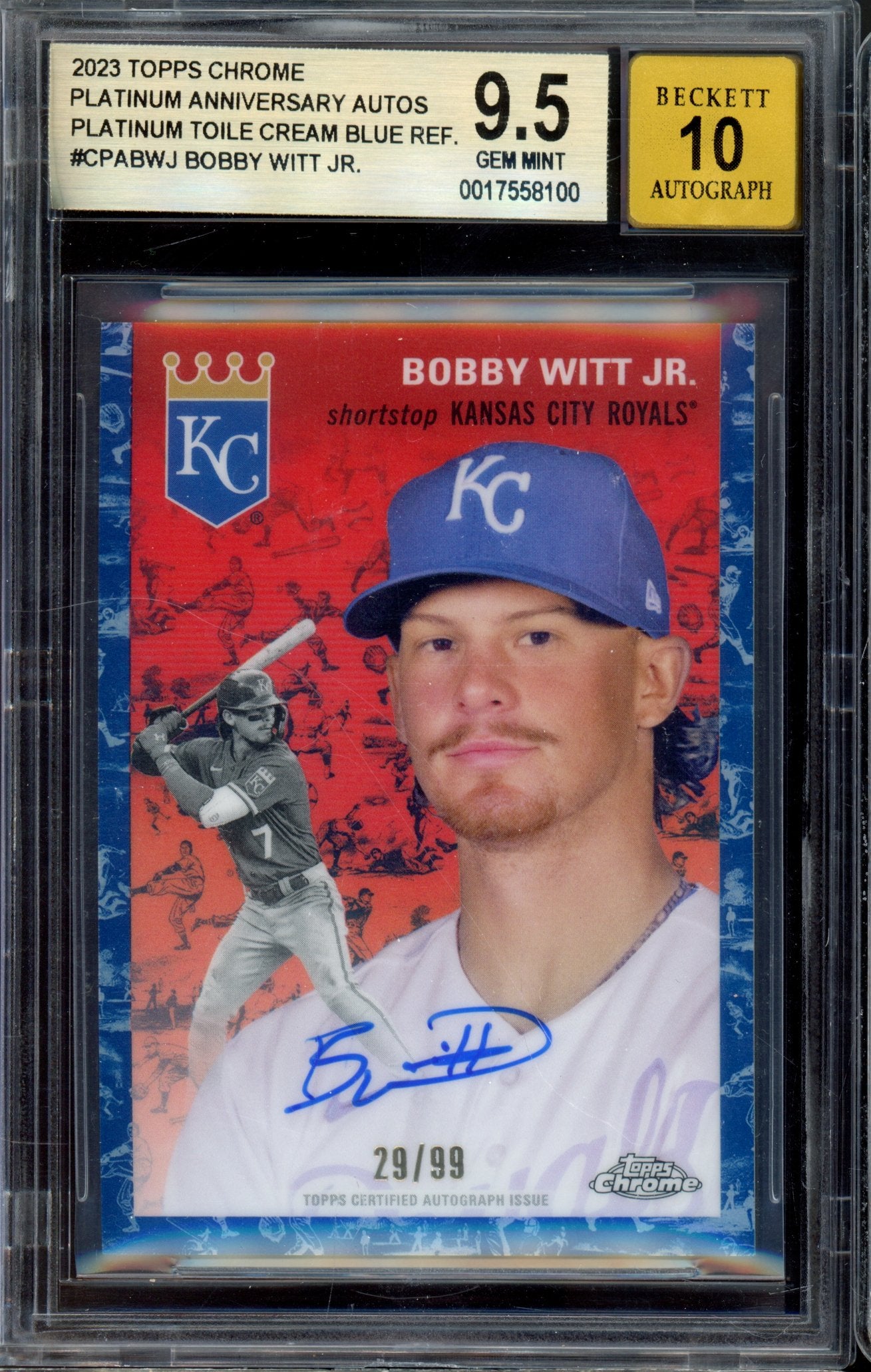 2023 Topps Chrome Platinum Anniv. Bobby Witt Blue Auto 29/99 BGS 9.5 AUTO 10 RC