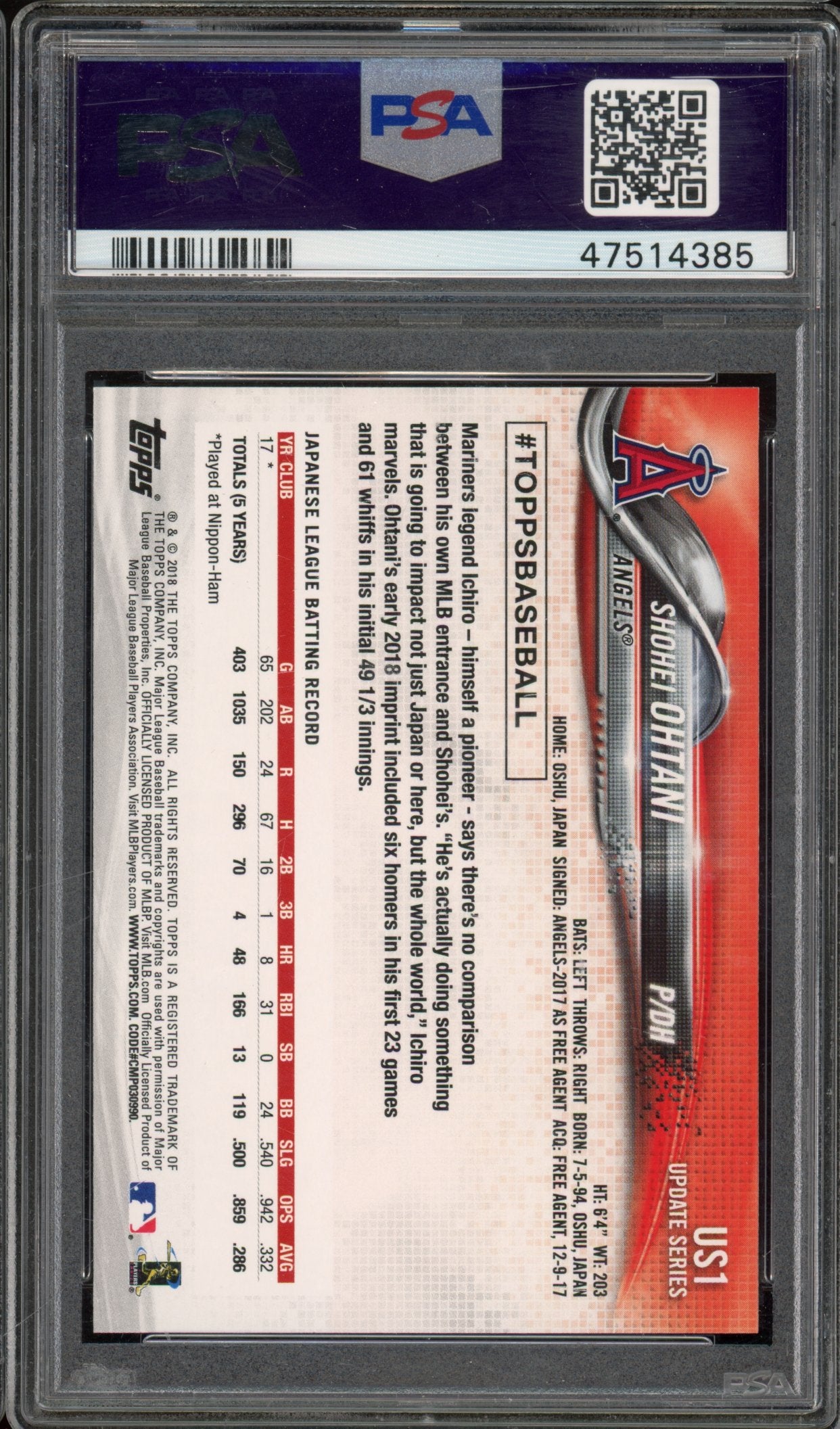 2018 Topps Update Shohei Ohtani PSA 10 RC