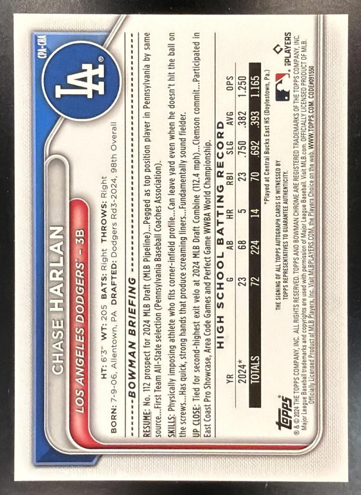 2024 Bowman Draft Chase Harlan #CPA-CHA Chrome Auto 1st Prospect
