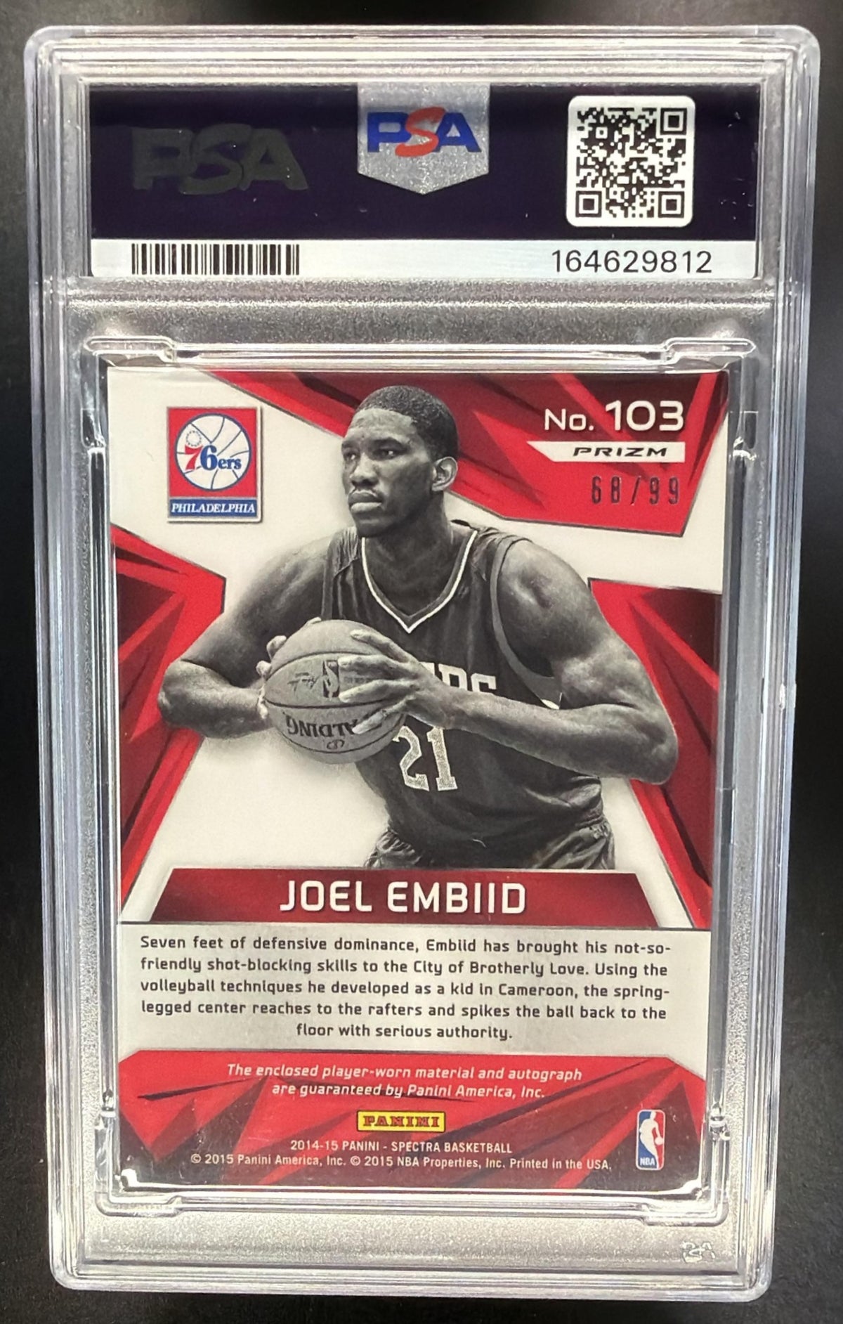 2014-15 Panini Spectra Joel Embiid #103 Light Blue Prizms 68/99 RC Auto PSA 7