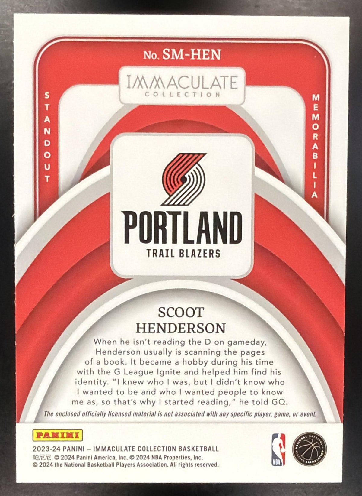 2023-24 Panini Immaculate Scoot Henderson #MM-HEN Massive Memorabilia /25 MEM RC