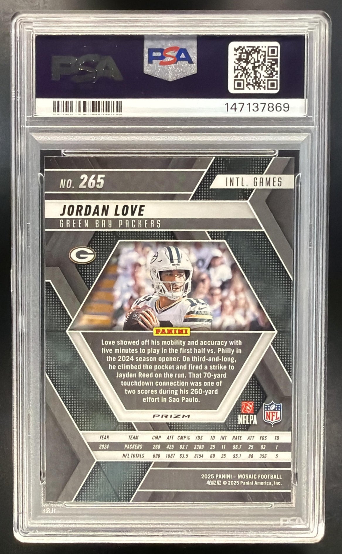 2025 Panini Mosaic Jordan Love #265 International Games Genesis Prizm PSA 10