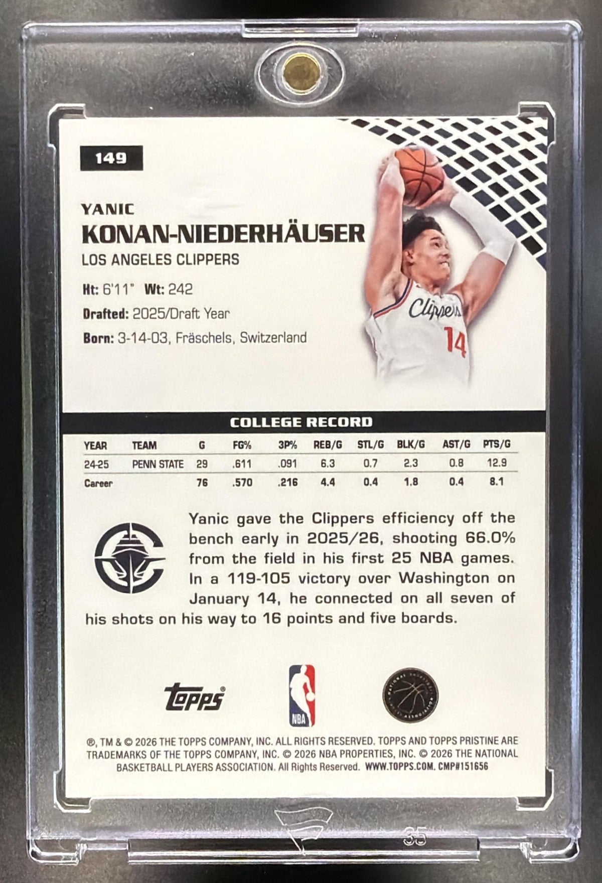 2025-26 Topps Pristine Yanic Konan-Niederhauser #149 Refractor RC 1st Day Issue 2/6 Pink