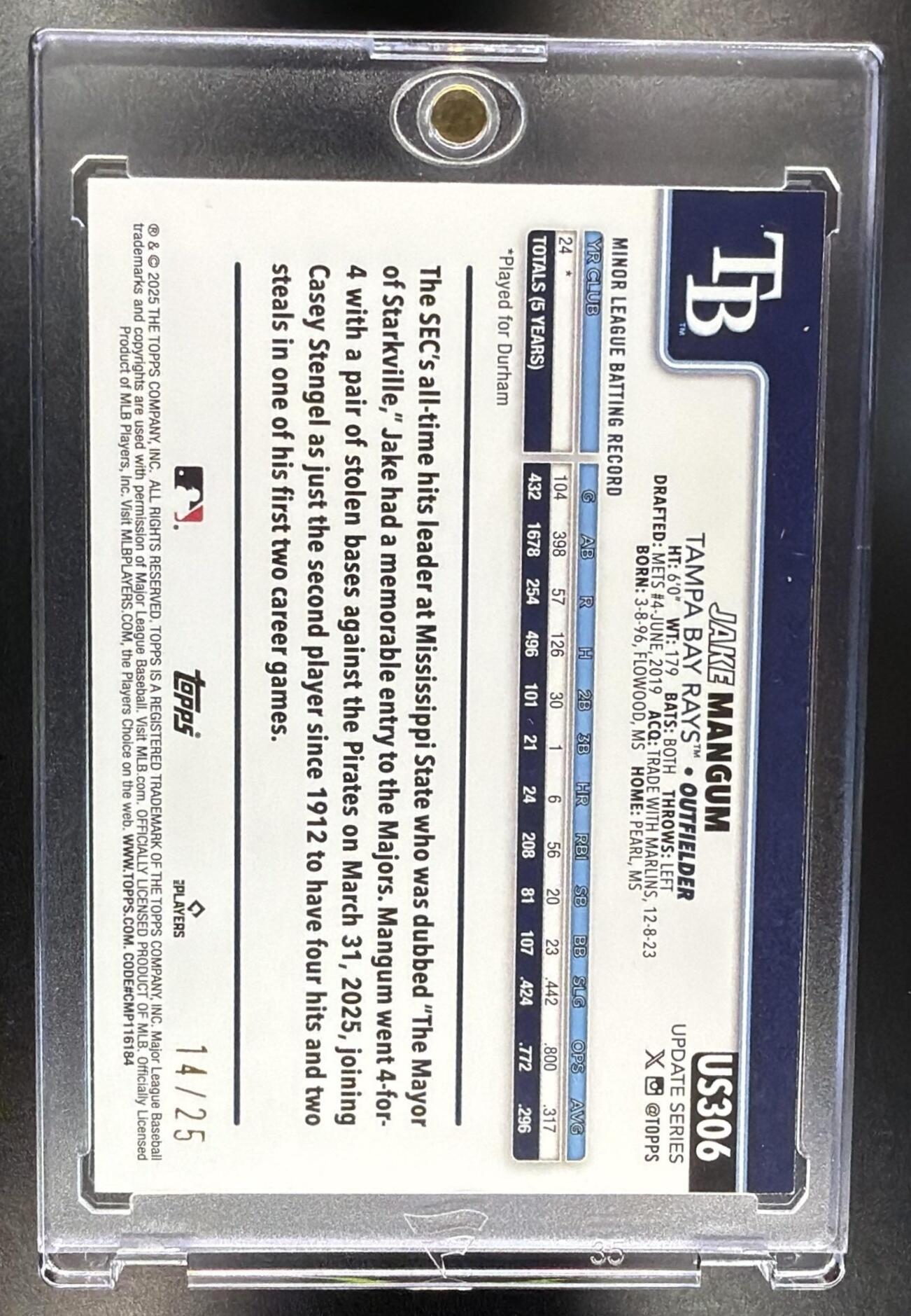 2025 Topps Update Jake Mangum #US306 Wood 14/25 RC