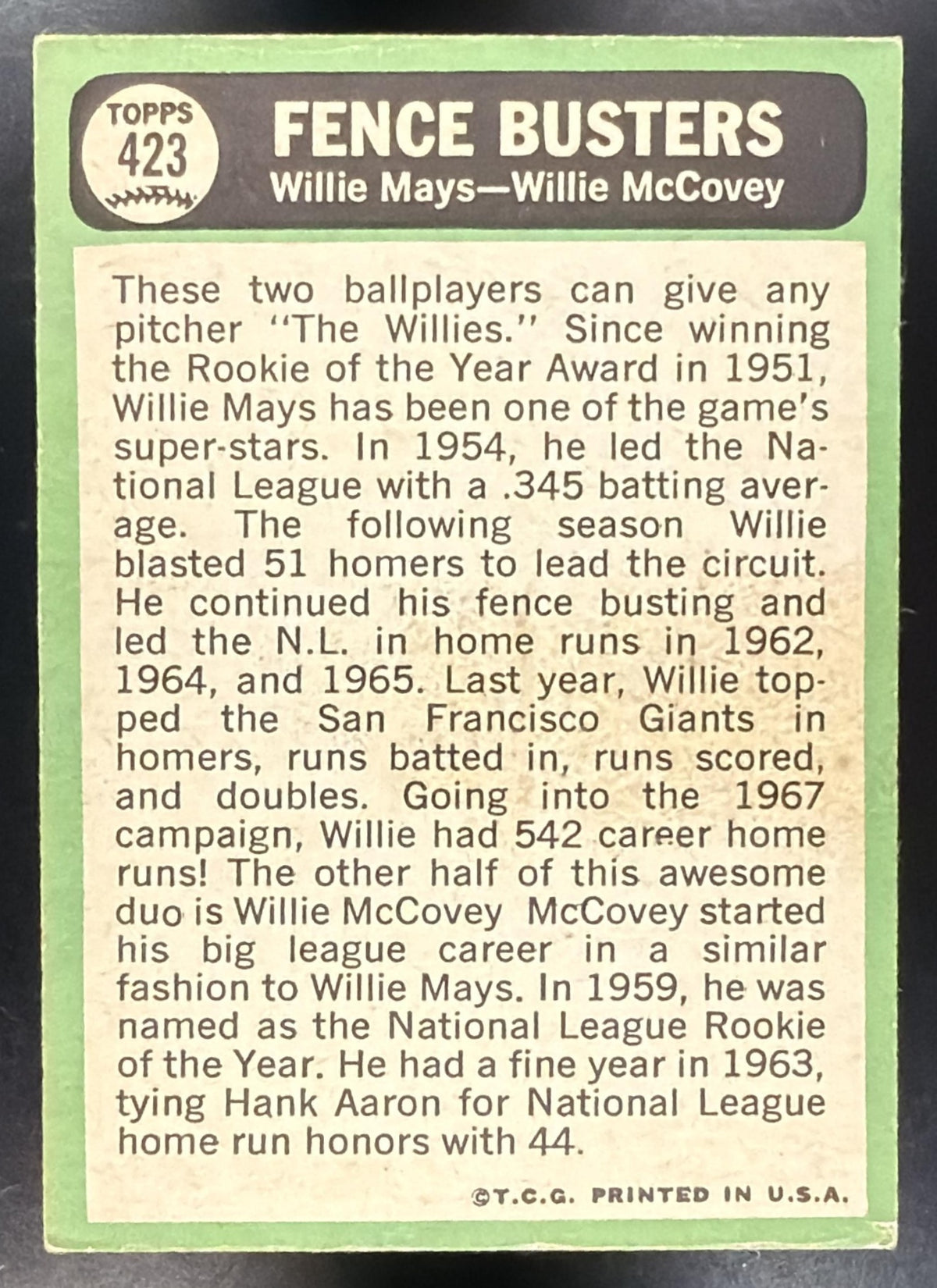 1967 Topps Fence Busters Willie Mays Willie McCovey C #423