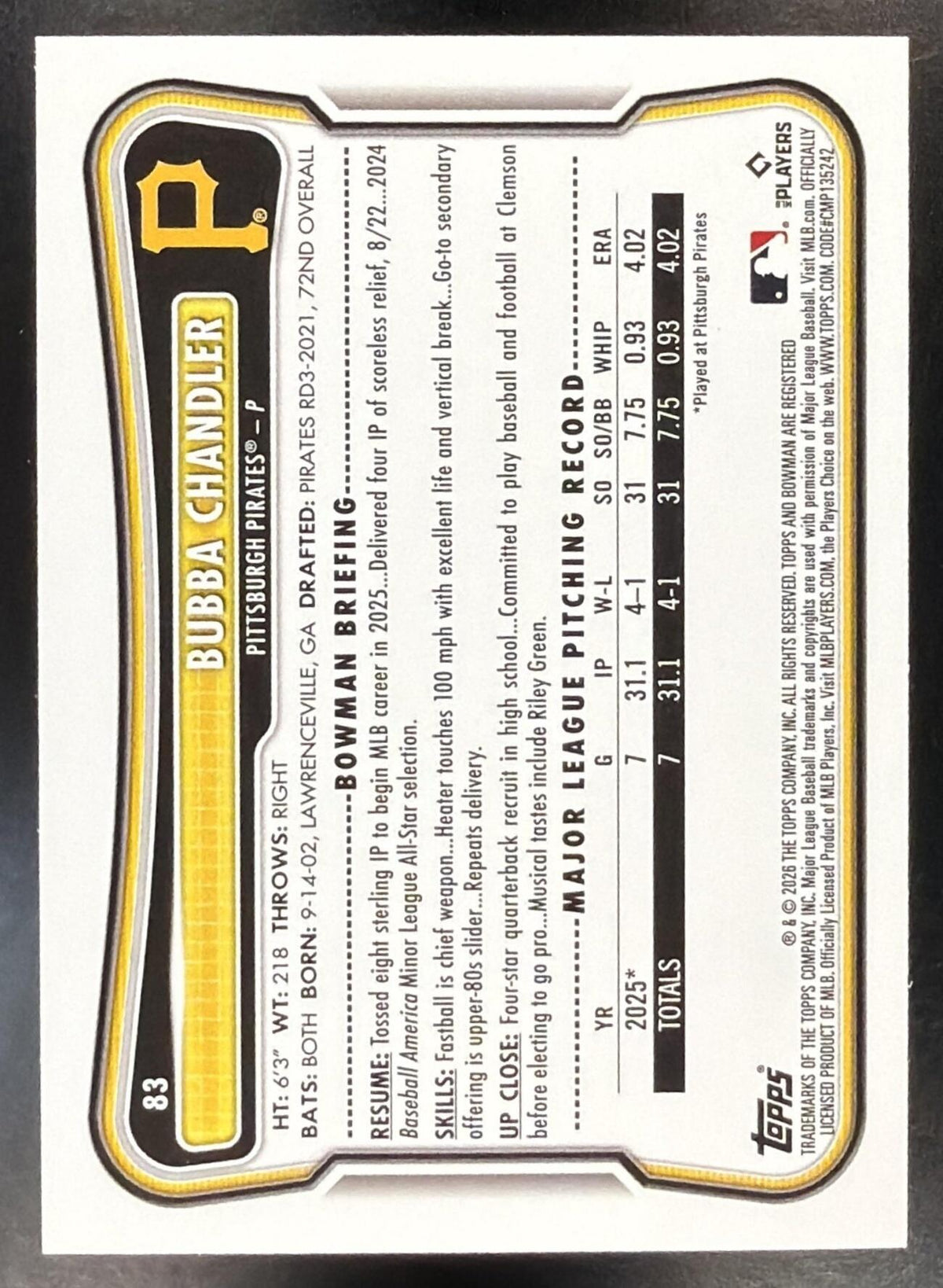 2026 Bowman Bubba Chandler #83 Black Border 9/10 RC