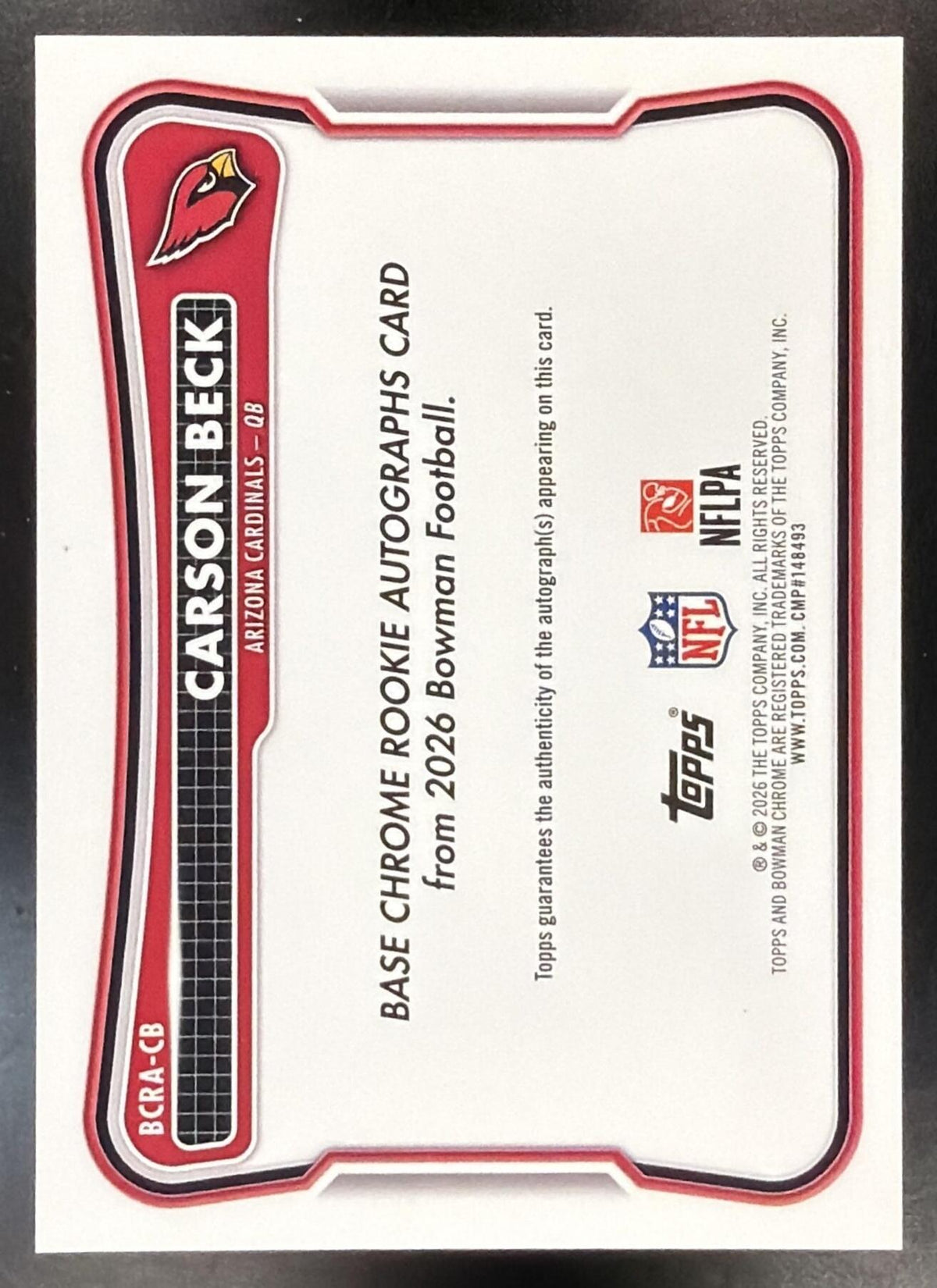 2026 Bowman Carson Beck #BCRA-CB Chrome Rookie Auto RC