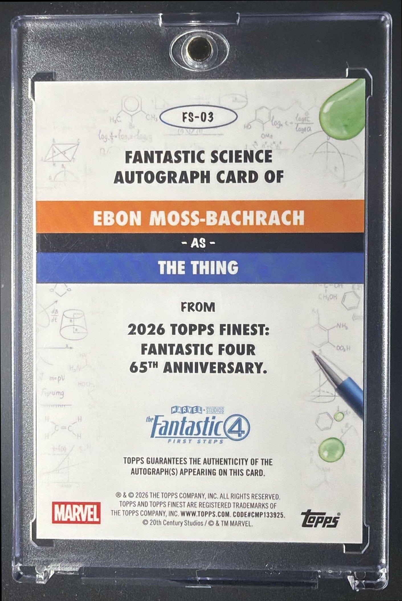 2026 Topps Marvel Finest The Fantastic Four 65th Ann. Ebon Moss-Bachrach as Thing #FS-03 Science Auto