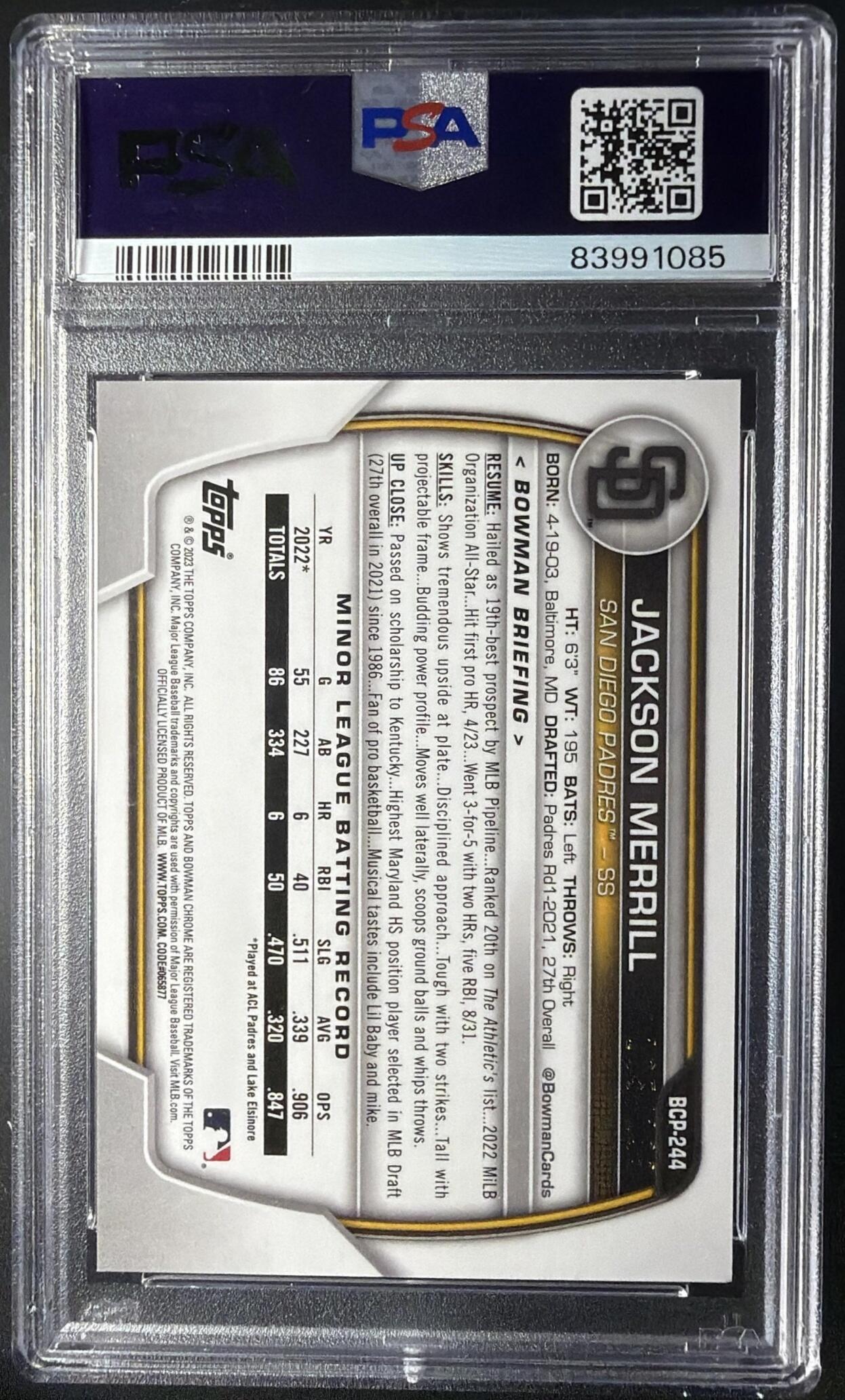 2023 Bowman Chrome Jackson Merrill #BCP-244 Prospects Pink Shimmer Refractor PSA 10