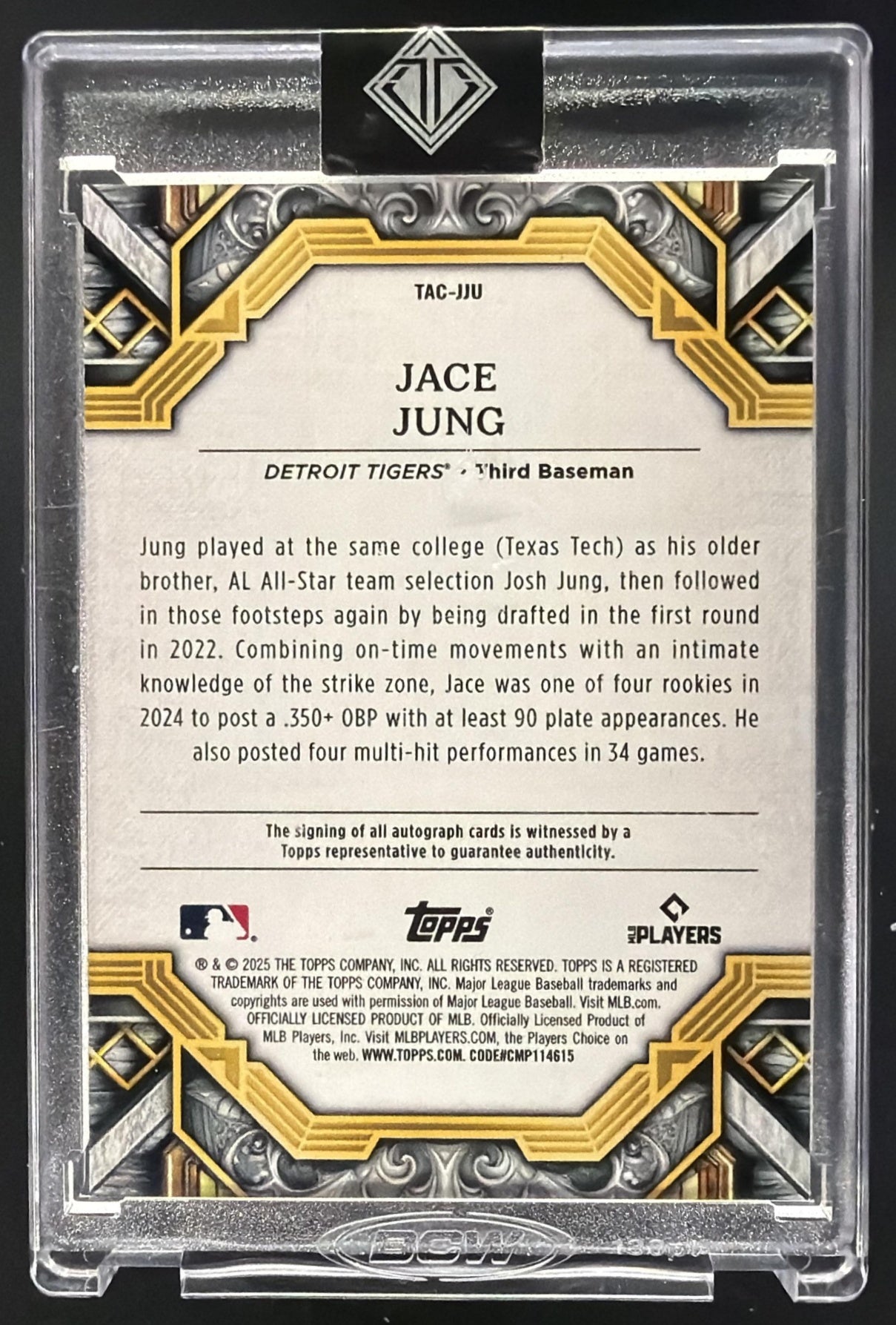2025 Topps Transcendent Collection Jace Jung #RSPA-JJU Rookie Showcase Patch Auto Platinum 1/1 MEM