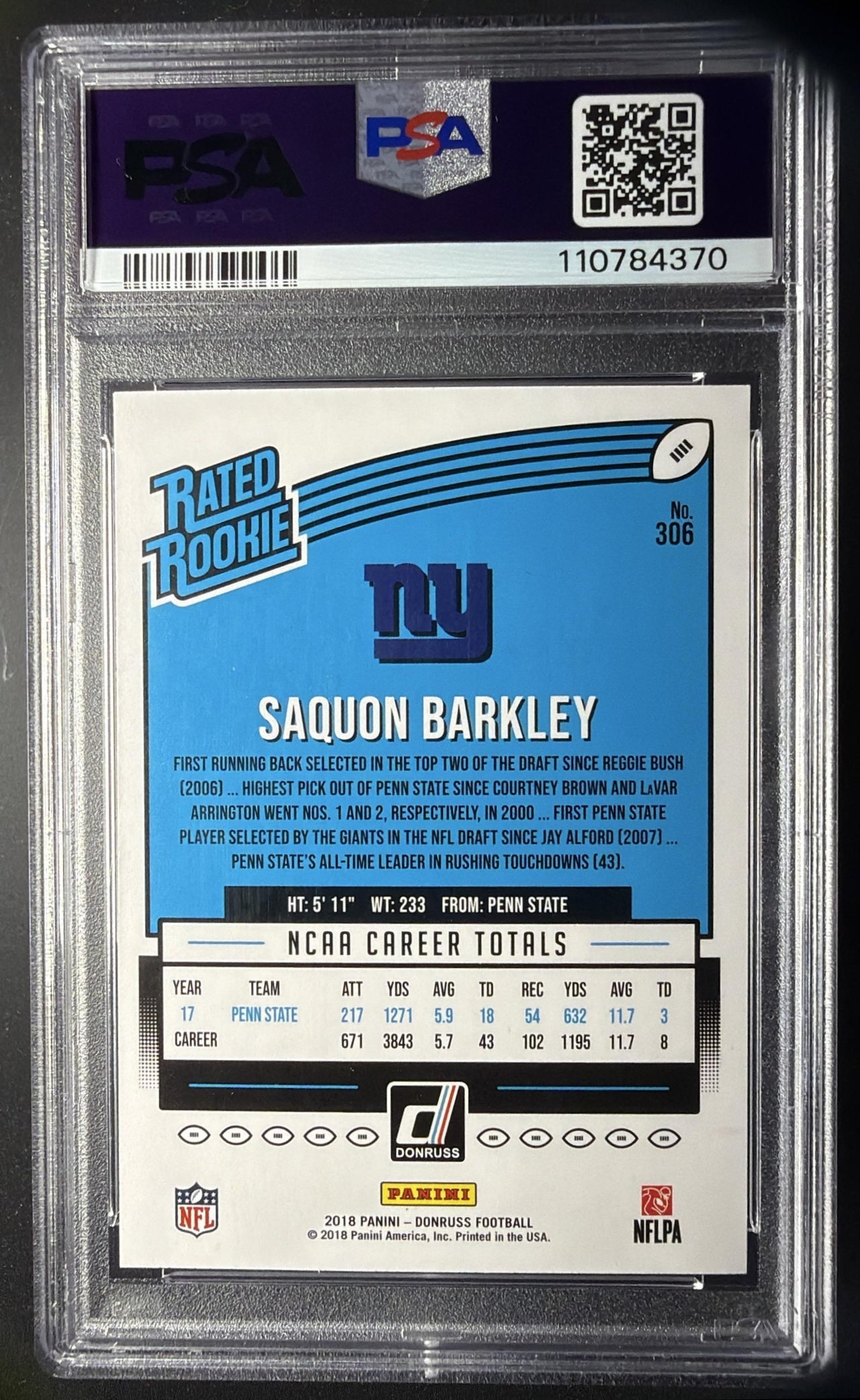 2018 Panini Donruss Saquon Barkley #306 RC PSA 10