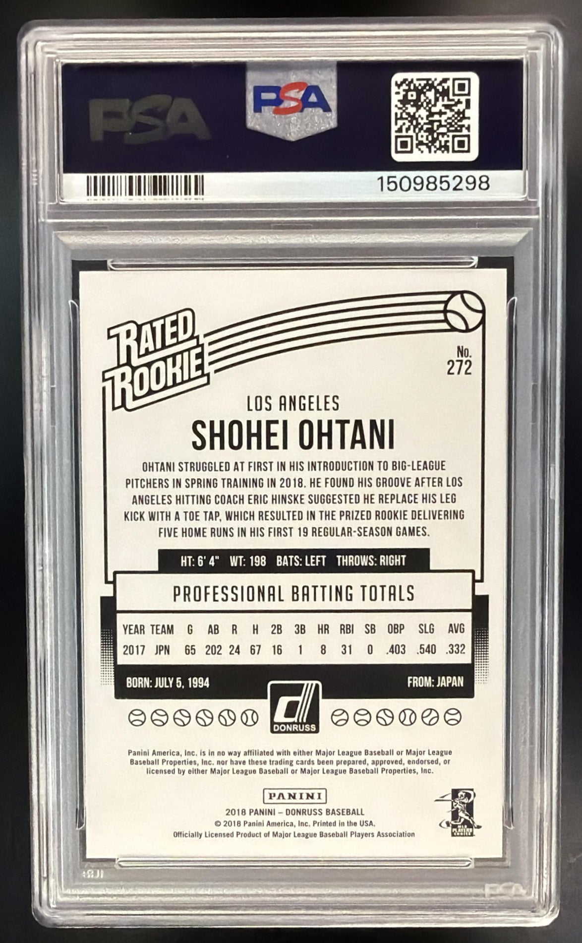 2018 Panini Chronicles Shohei Ohtani #272 Donruss Rated Rookie RC PSA 10