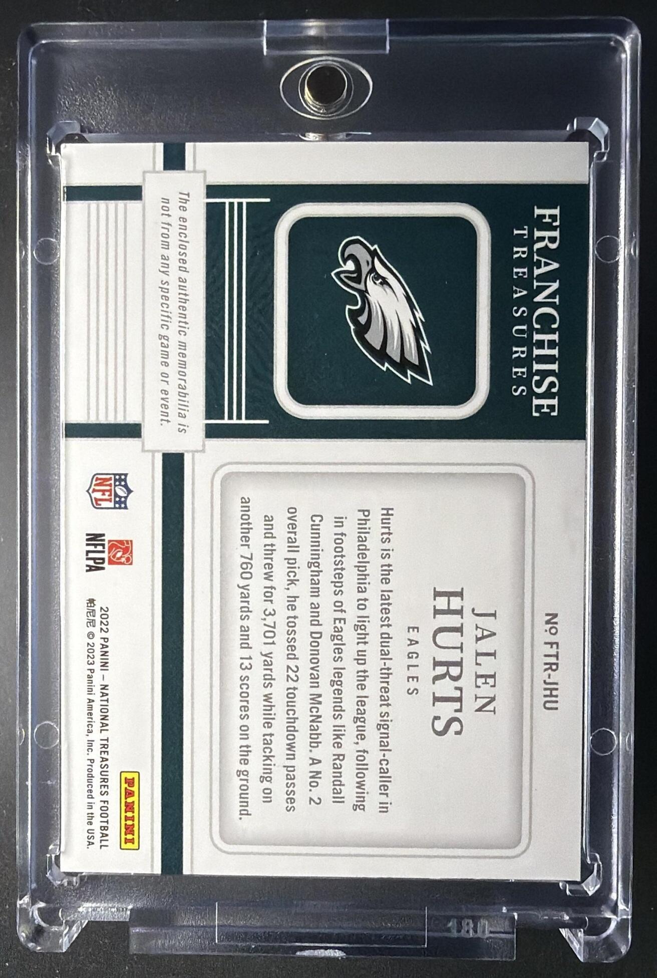 2022 Panini National Treasures Jalen Hurts #FTR-JHU Franchise Prime Holo Gold /10