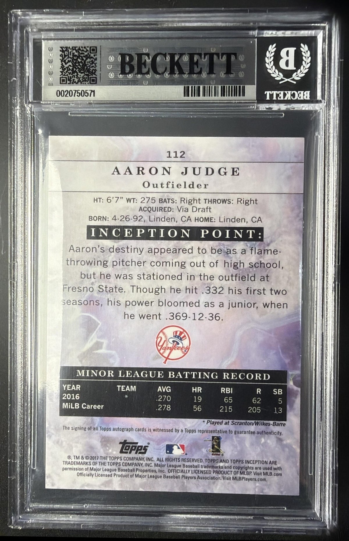 2017 Topps Inception Aaron Judge #112 75/199 Auto RC BGS 9