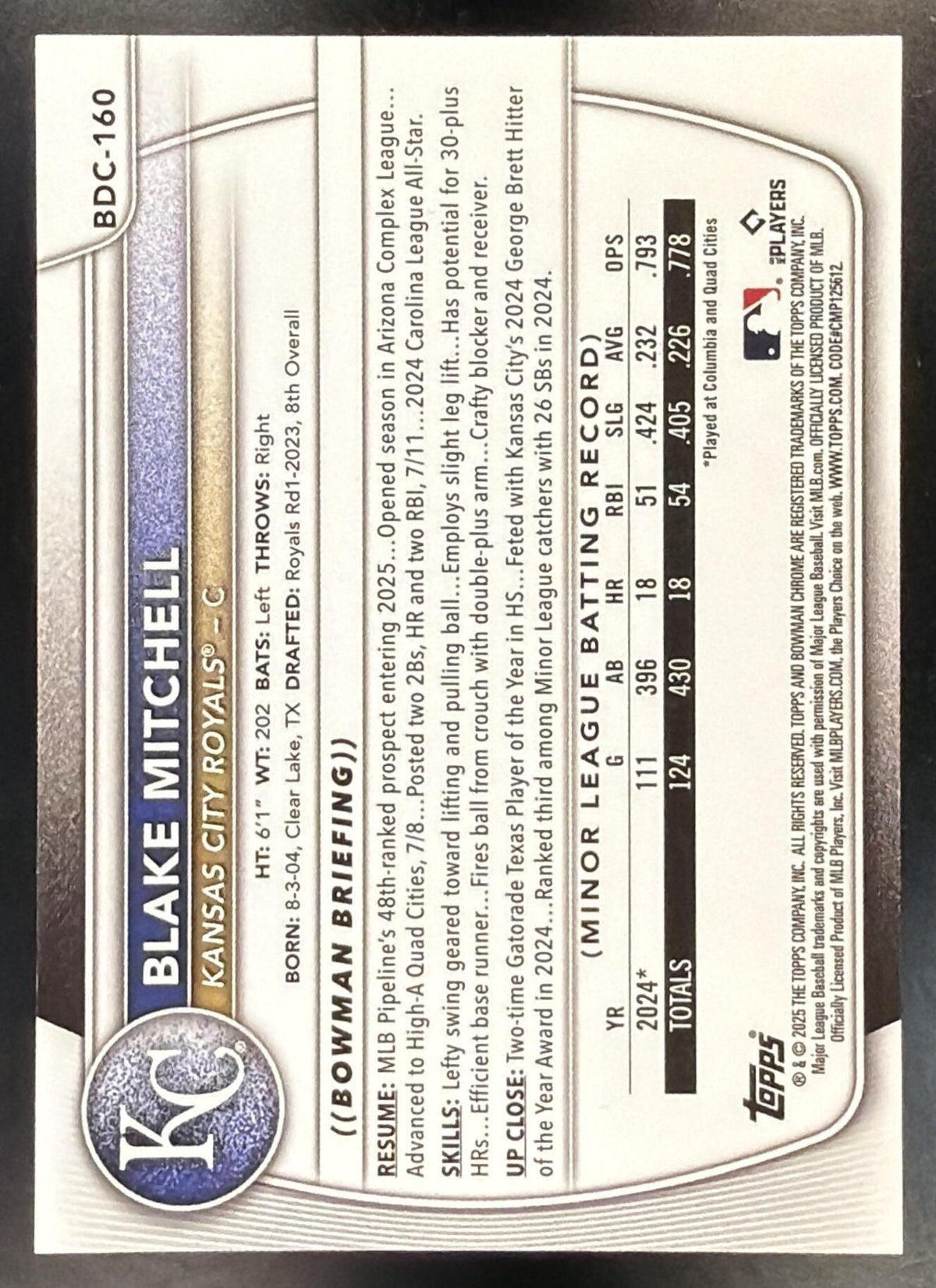 2025 Bowman Draft Blake Mitchell #BDC-160 Chrome Black Geometric Refractor 1/10