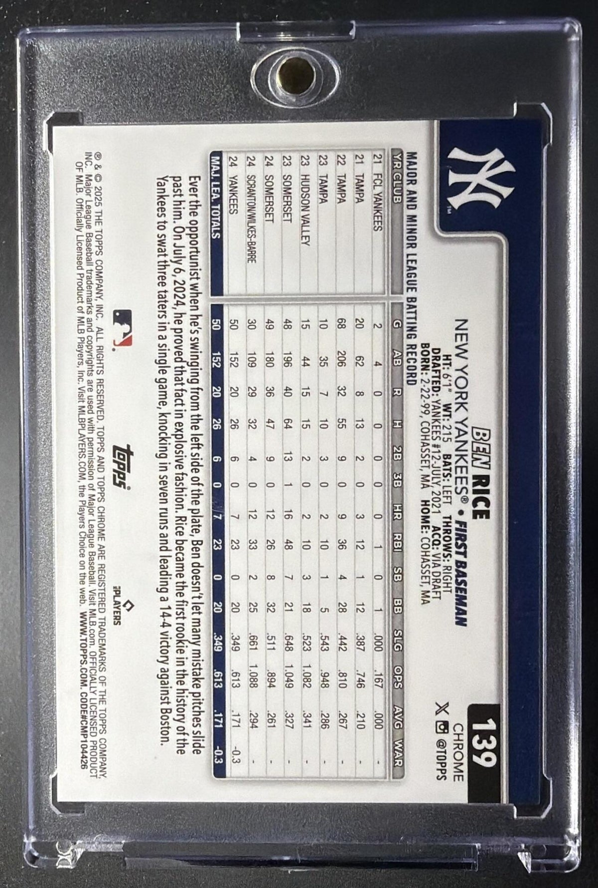 2025 Topps Chrome Logofractor Ben Rice Blue /150 #139 RC
