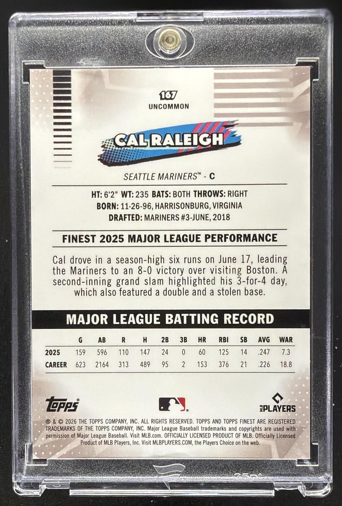 2026 Topps Finest Cal Raleigh #167 Uncommon Black X-Fractor 3/10