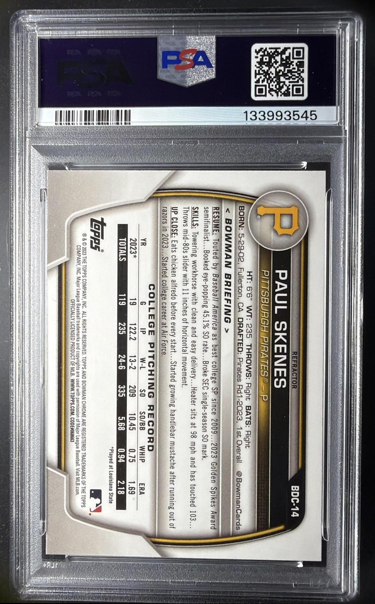 2023 Bowman Draft Paul Skenes #BDC-14 Chrome Refractor 1st Prospect PSA 9
