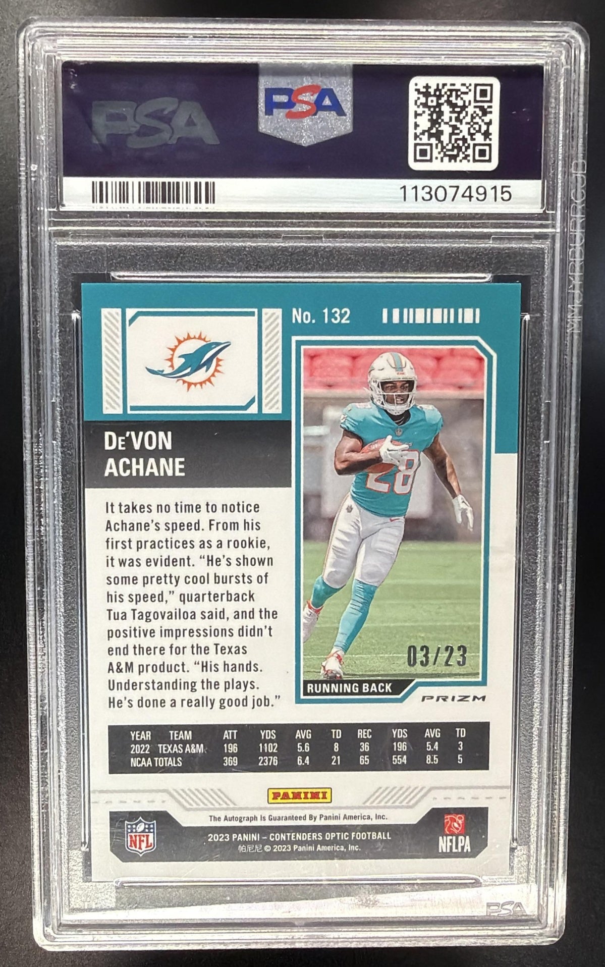 2023 Panini Zenith De'Von Achane #132 Contenders Optic Rookie Ticket Variation /23 Auto RC PSA 9
