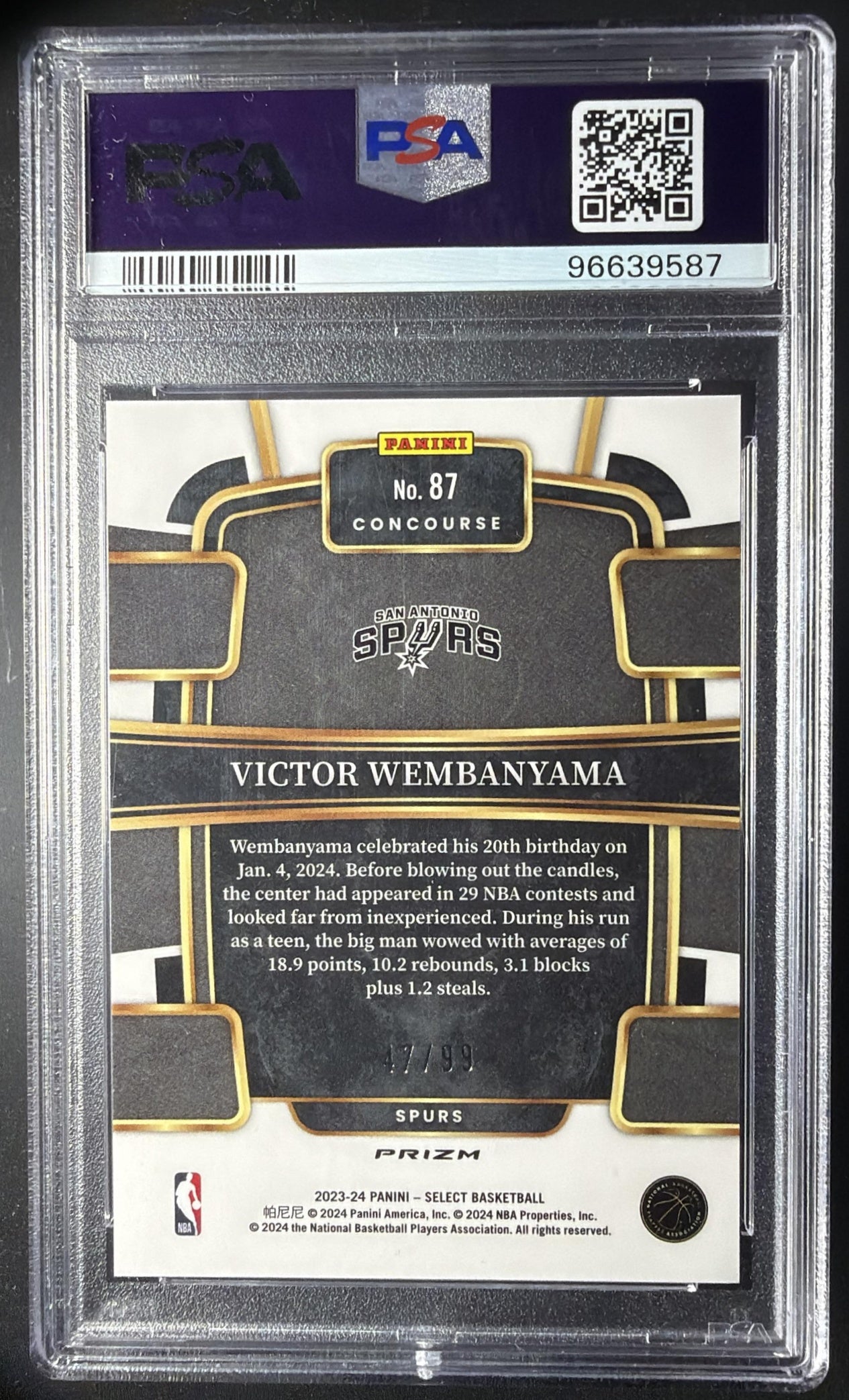 2023 Panini Select Victor Wembanyama #87 Pink Cracked Ice Prizm /99 RC Concourse PSA 10