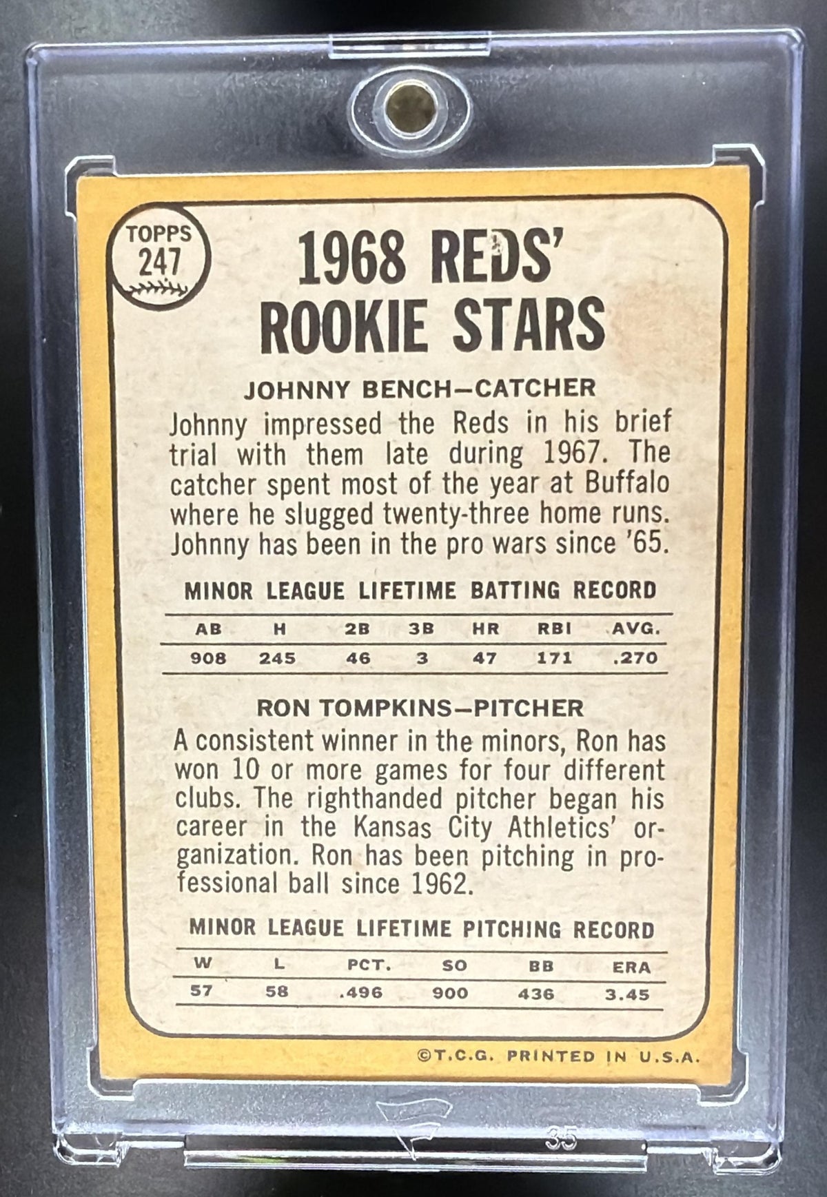 1968 Topps Reds Rookie Stars Johnny Bench Ron Tompkins RS, RC, E #247a RC