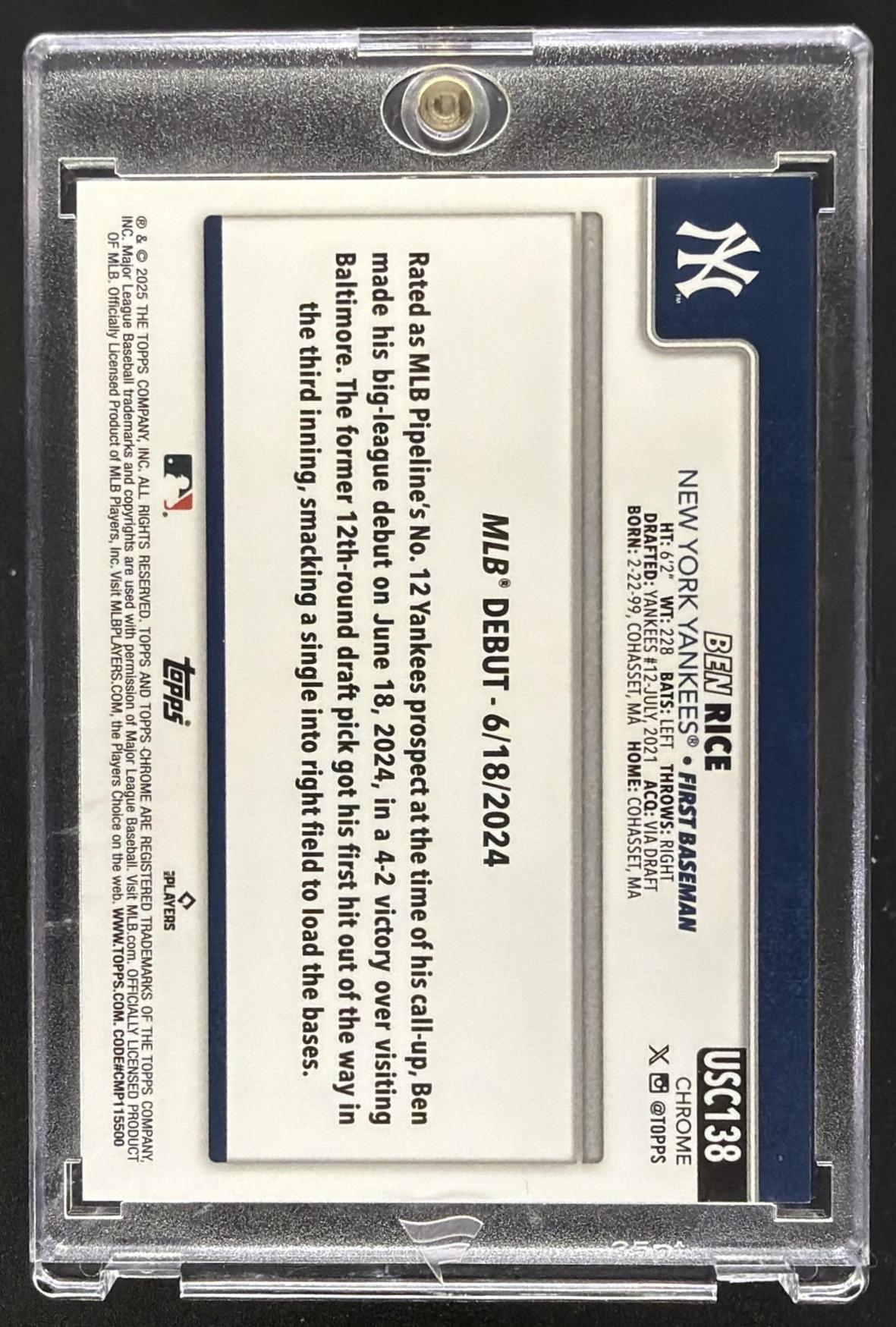 2025 Topps Chrome Update Ben Rice #USC138 White Refractor 1/30 RC