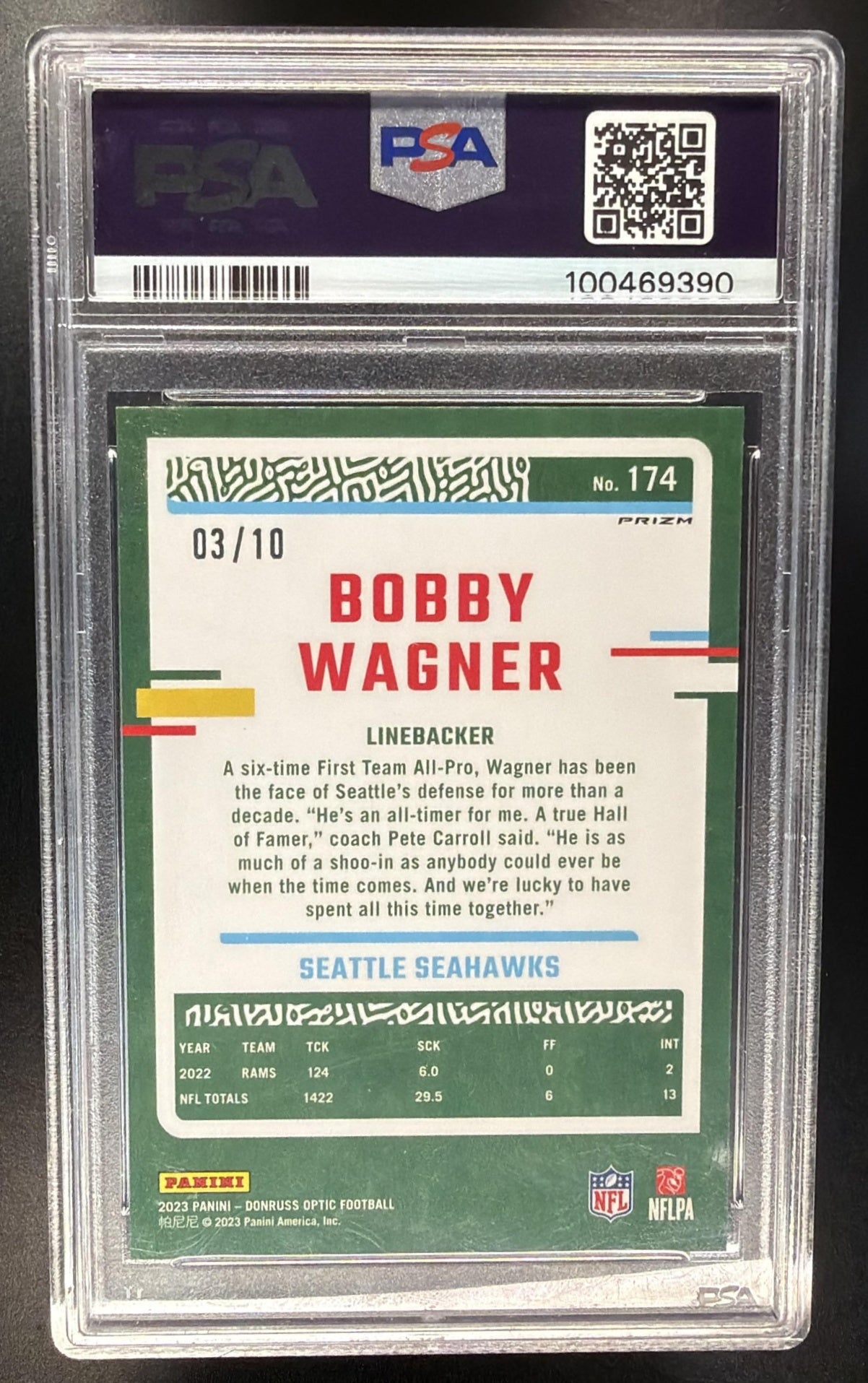 2023 Panini Donruss Optic Bobby Wagner #174 Gold Prizm 3/10 PSA 10