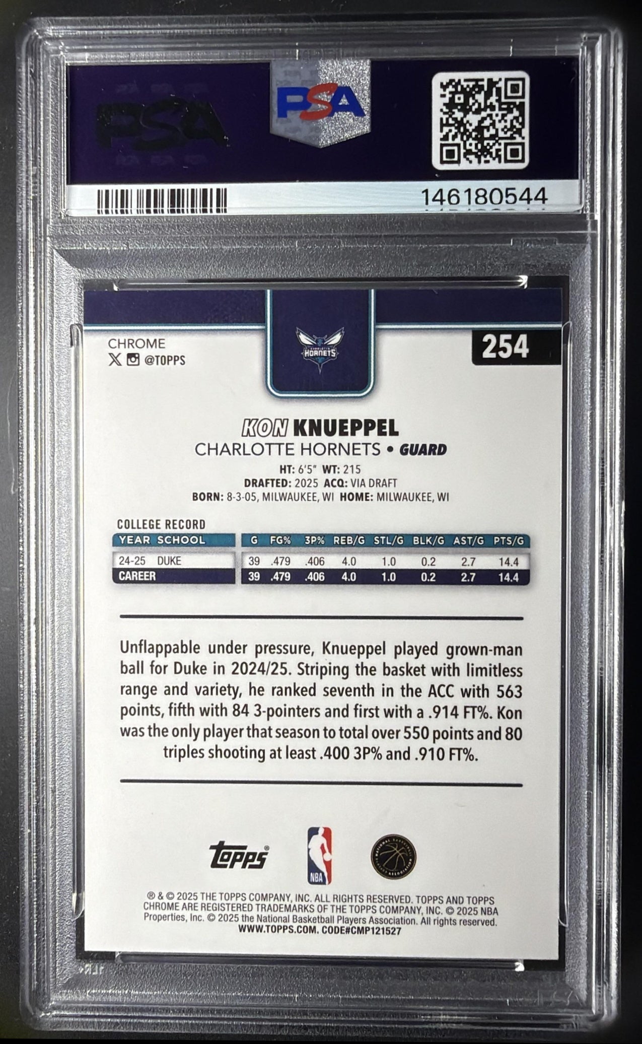 2025-26 Topps Chrome Kon Knueppel #254 RWB Refractor RC PSA 9