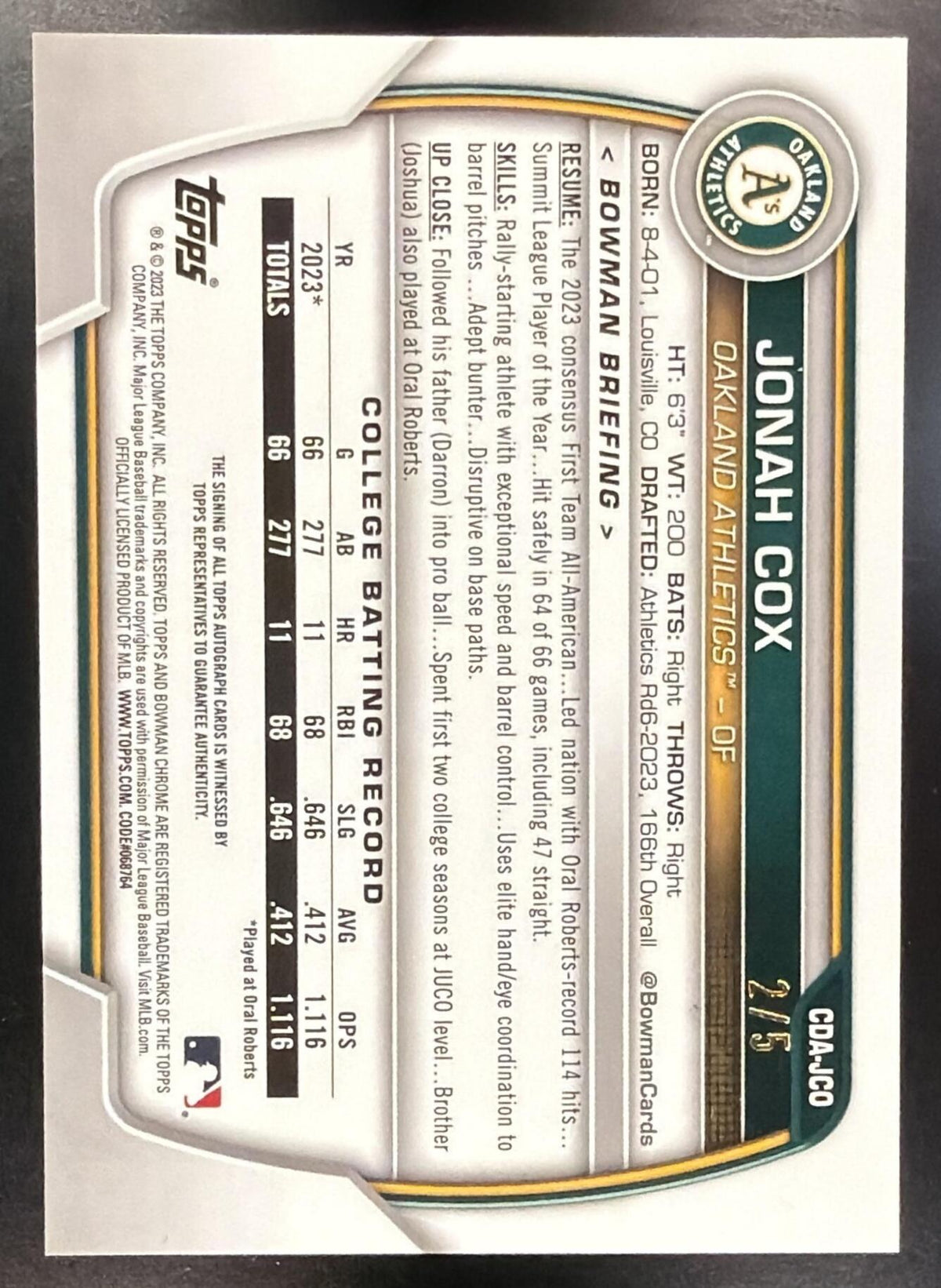 2023 Bowman Draft Jonah Cox #CDA-JCO Chrome Auto Red Lava Refractor /5 1st Prospect