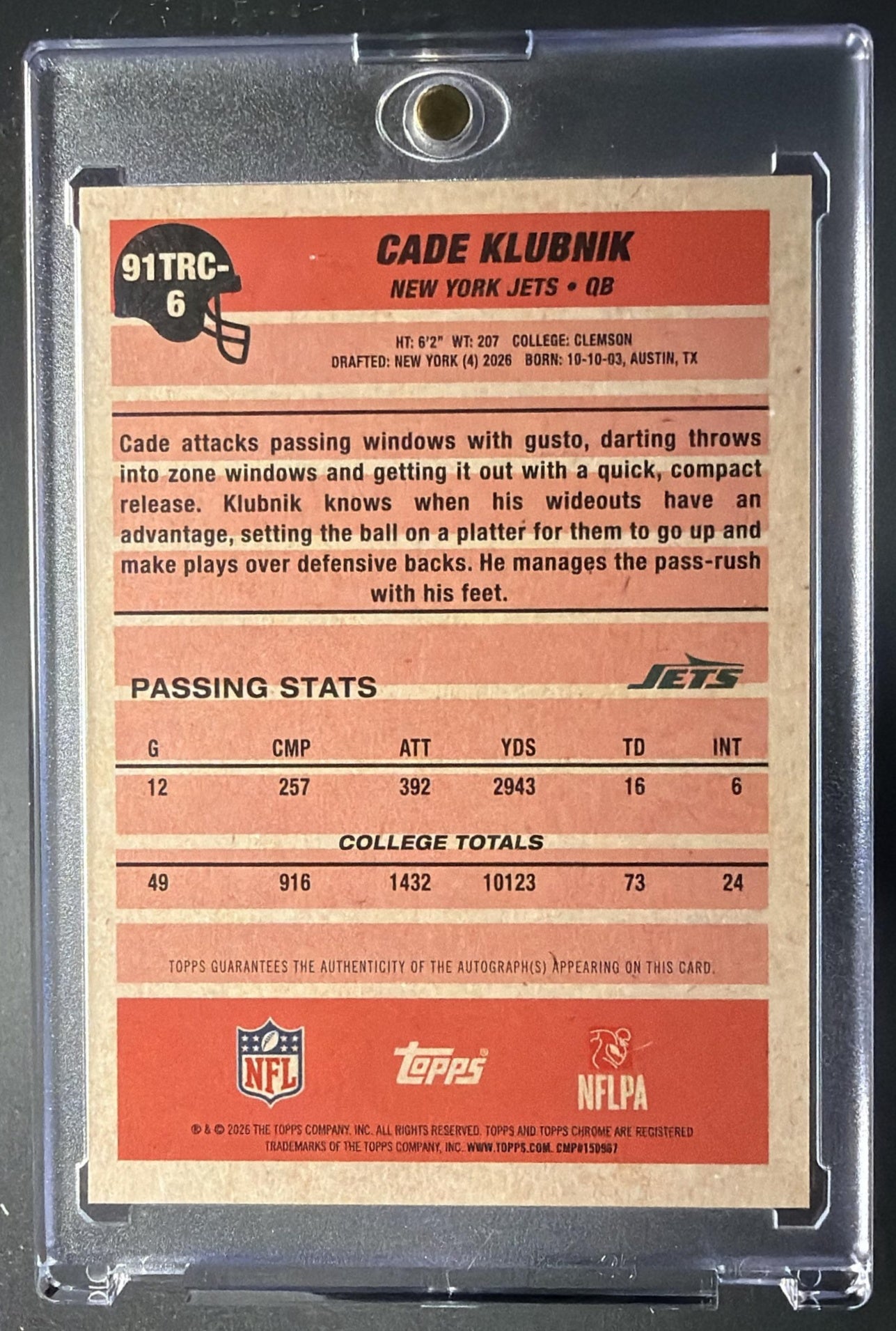 2026 Topps Cade Klubnik #91TRC-6 1991 Chrome Rookie Silver Pack Auto Mojo Refractor RC