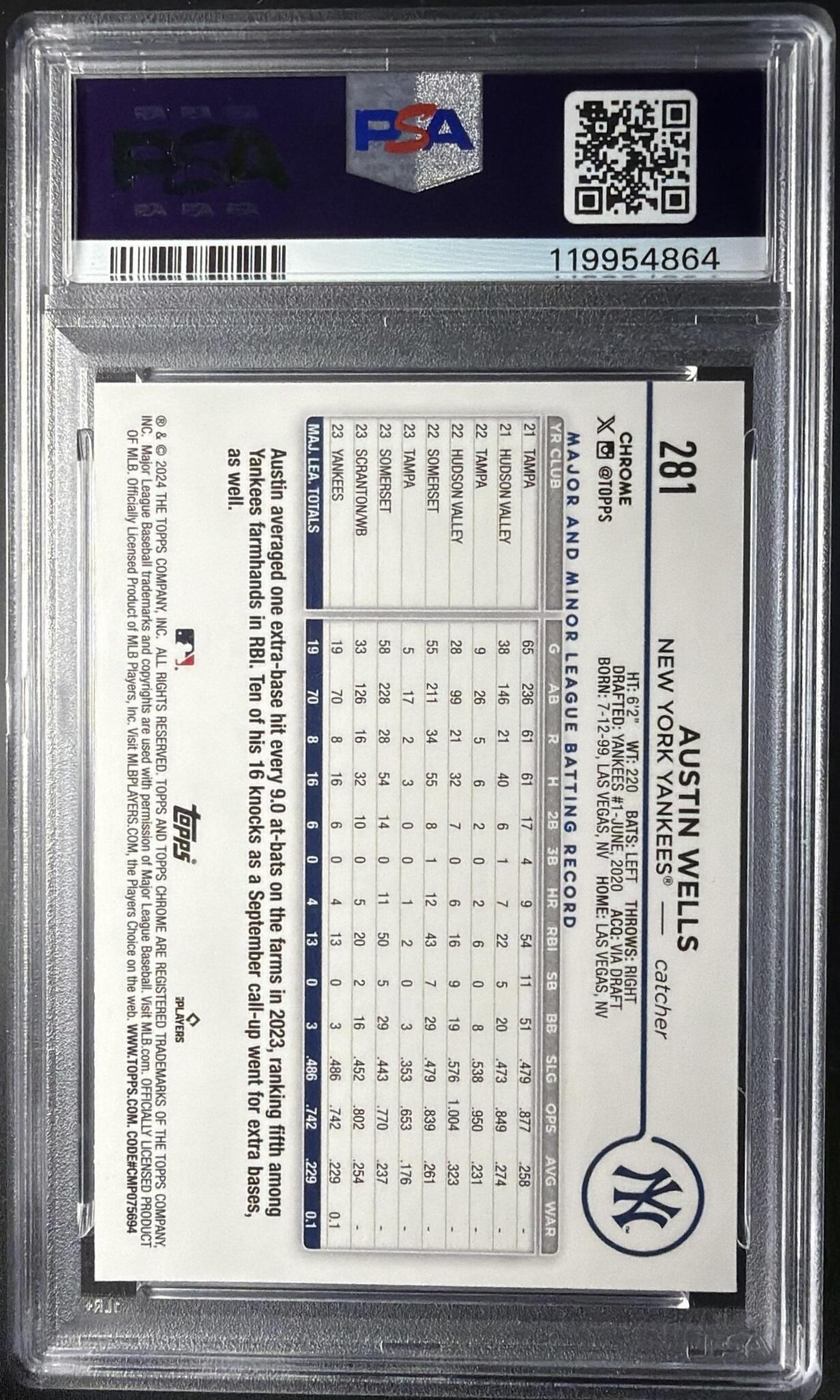 2024 Topps Chrome Austin Wells #281 Blue Refractor /150 RC PSA 10