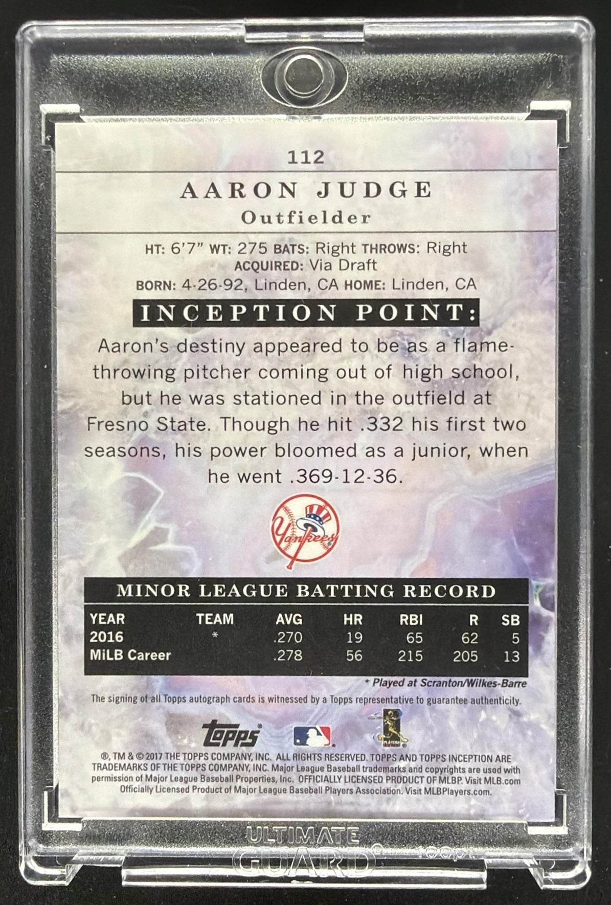 2017 Topps Inception Aaron Judge #112 75/299 Auto RC