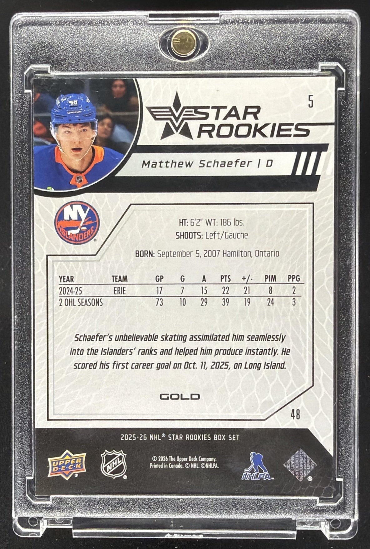 2025-26 Upper Deck Star Rookies Box Set Matthew Schaefer #5 RC /249