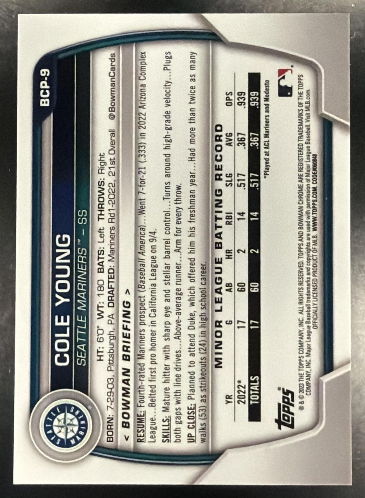 2024 Bowman Sapphire Baseball Cole Young #BCP-112 Orange 19/50