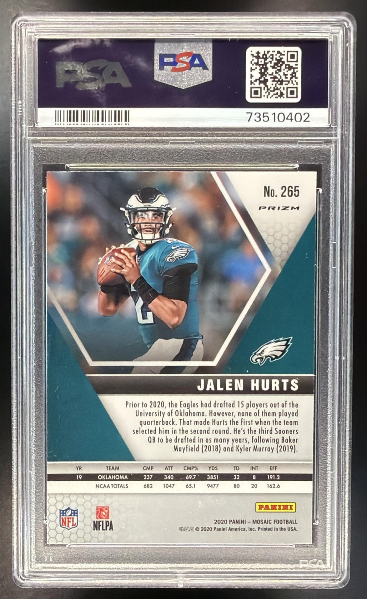 2020 Panini Mosaic Jalen Hurts #265 Prizm Reactive Gold RC PSA 10 Eagles