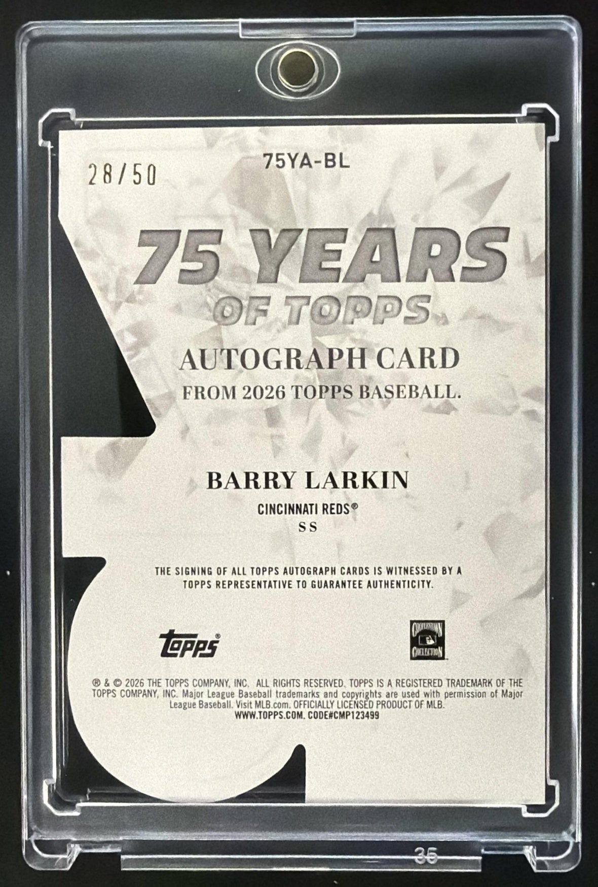 2026 Topps Series 1 Barry Larkin #75YA-BL 75 Years of Die-Cut Auto Gold 28/50
