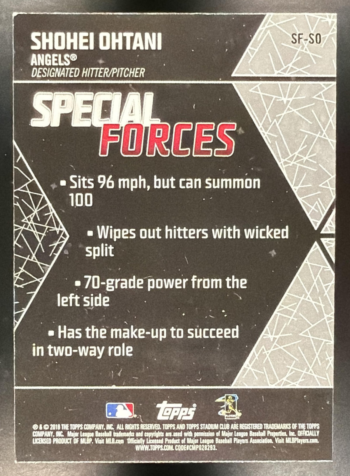 2018 Topps Stadium Club Shohei Ohtani #SF-SO Special Forces RC