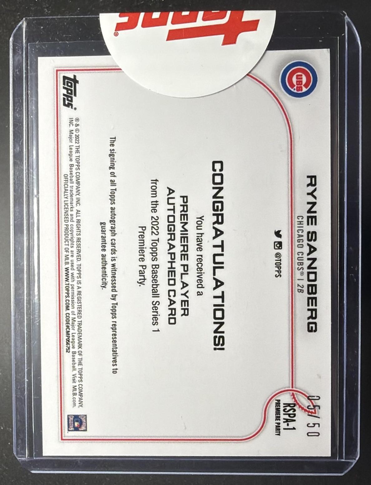 2022 Topps Ryne Sandberg Premiere Party Auto /50 Blue Jersey