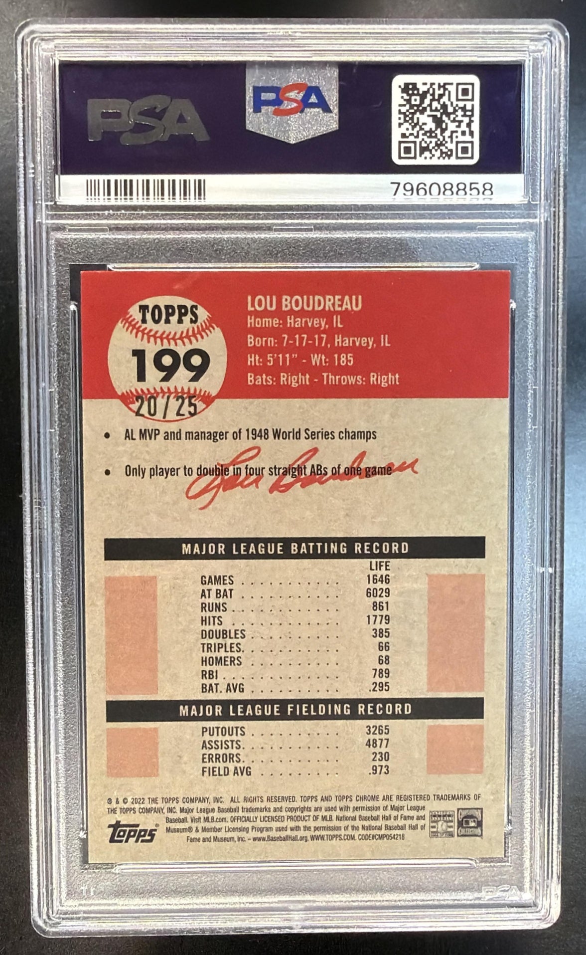 2023 Topps Chrome Platinum Anniversary Lou Boudreau #199 Orange Refractor PSA 9