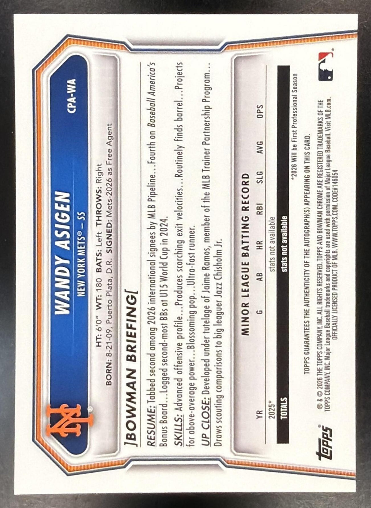 2026 Bowman Chrome Wandy Asigen #CPA-WA Auto 1st Prospect Mets