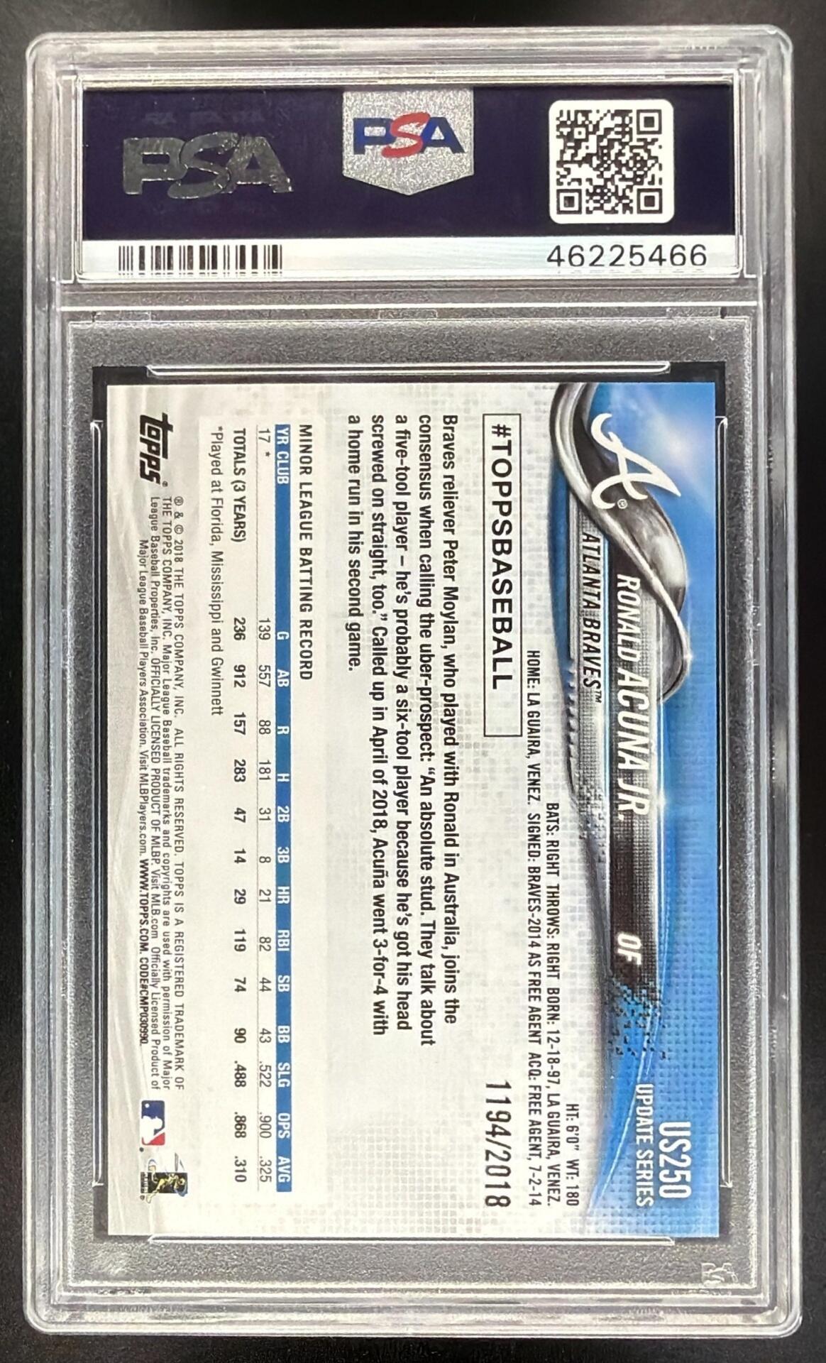 2018 Topps Update Ronald Acuna Jr. #US250 Gold 1194/2018 RC PSA 10
