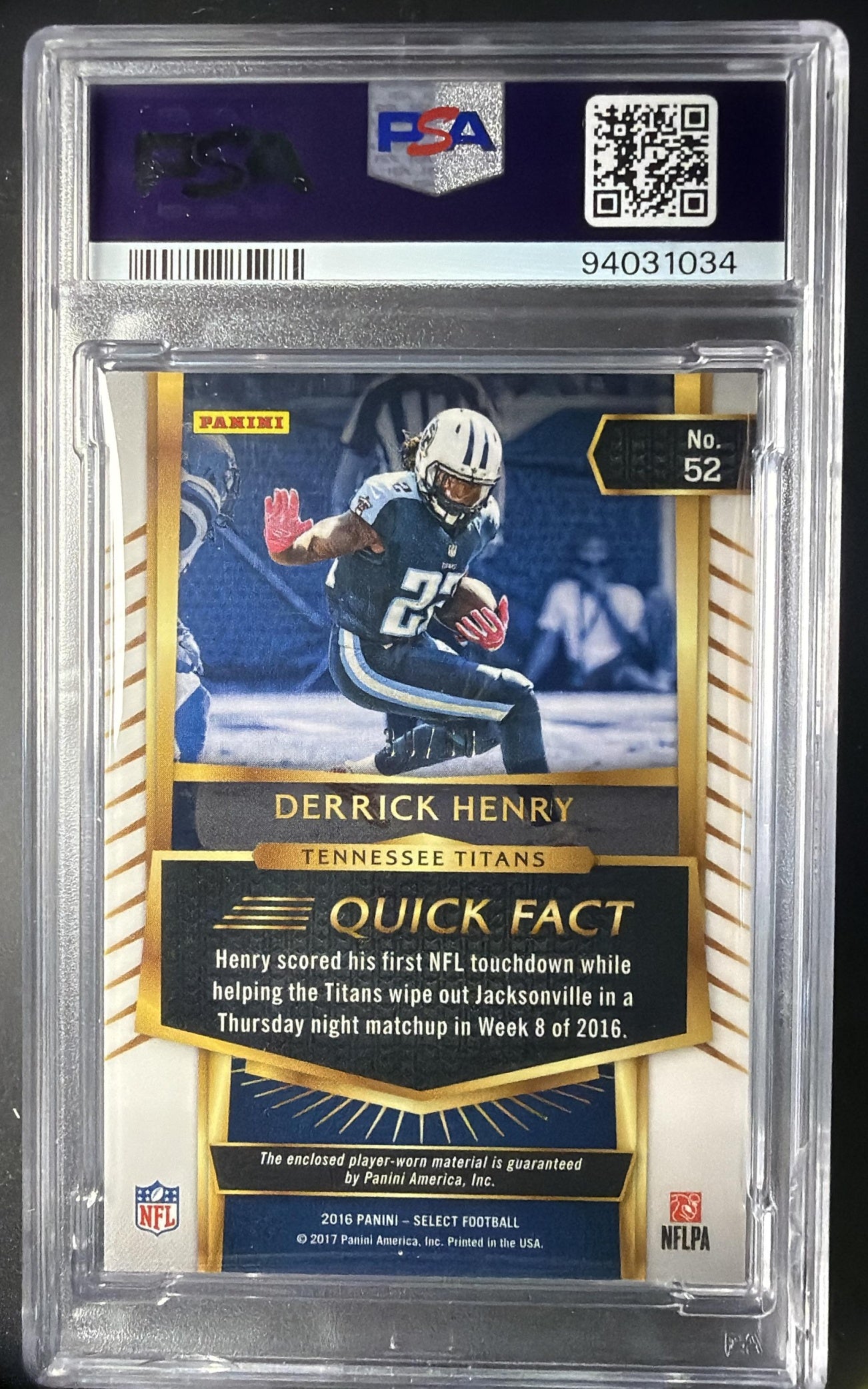 2016 Panini Select Derrick Henry #52 Swatches Purple Prizm Patch /60 RC PSA 9