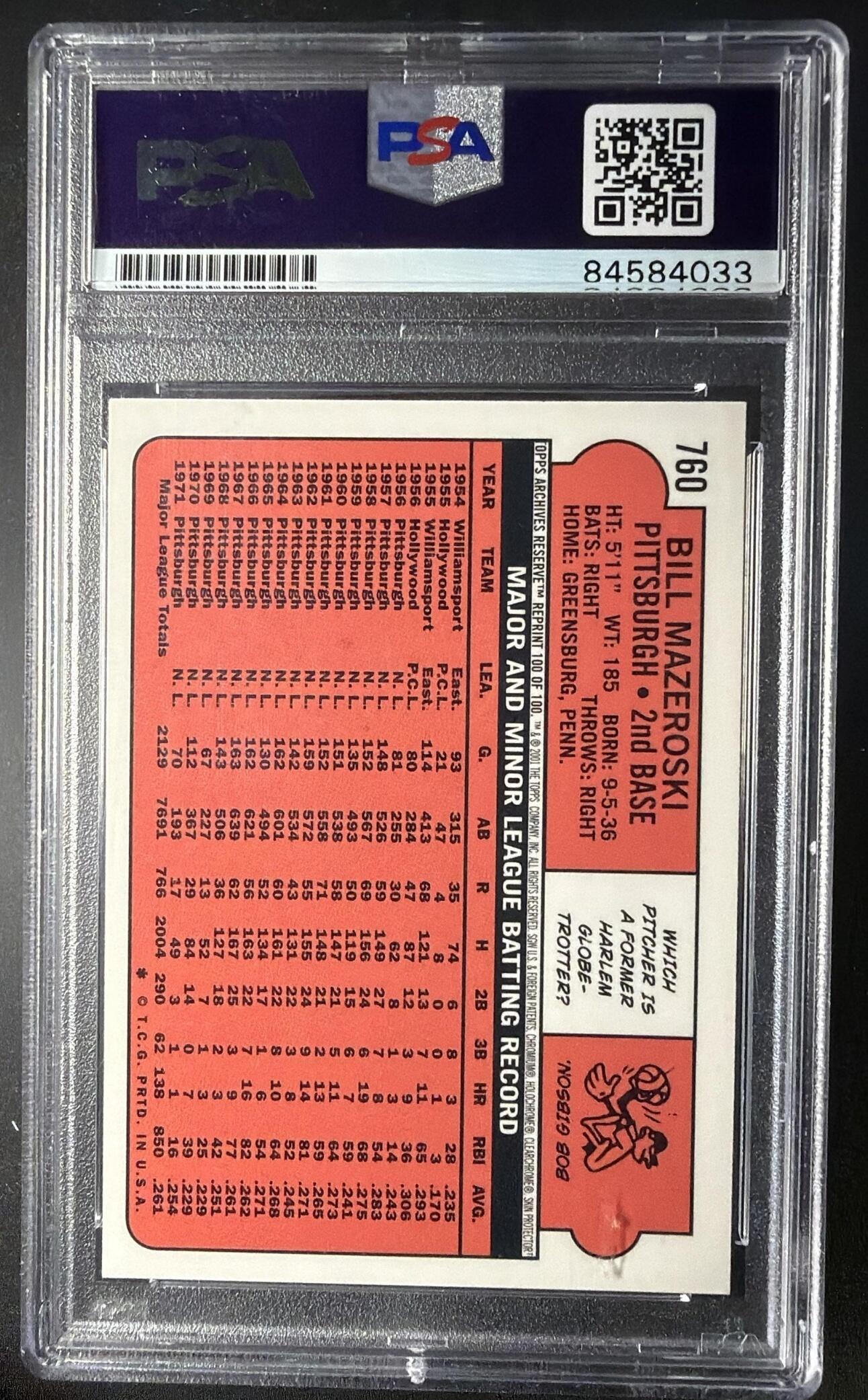 2001 Topps Archives Reserve Bill Mazeroski #100 PSA Auth