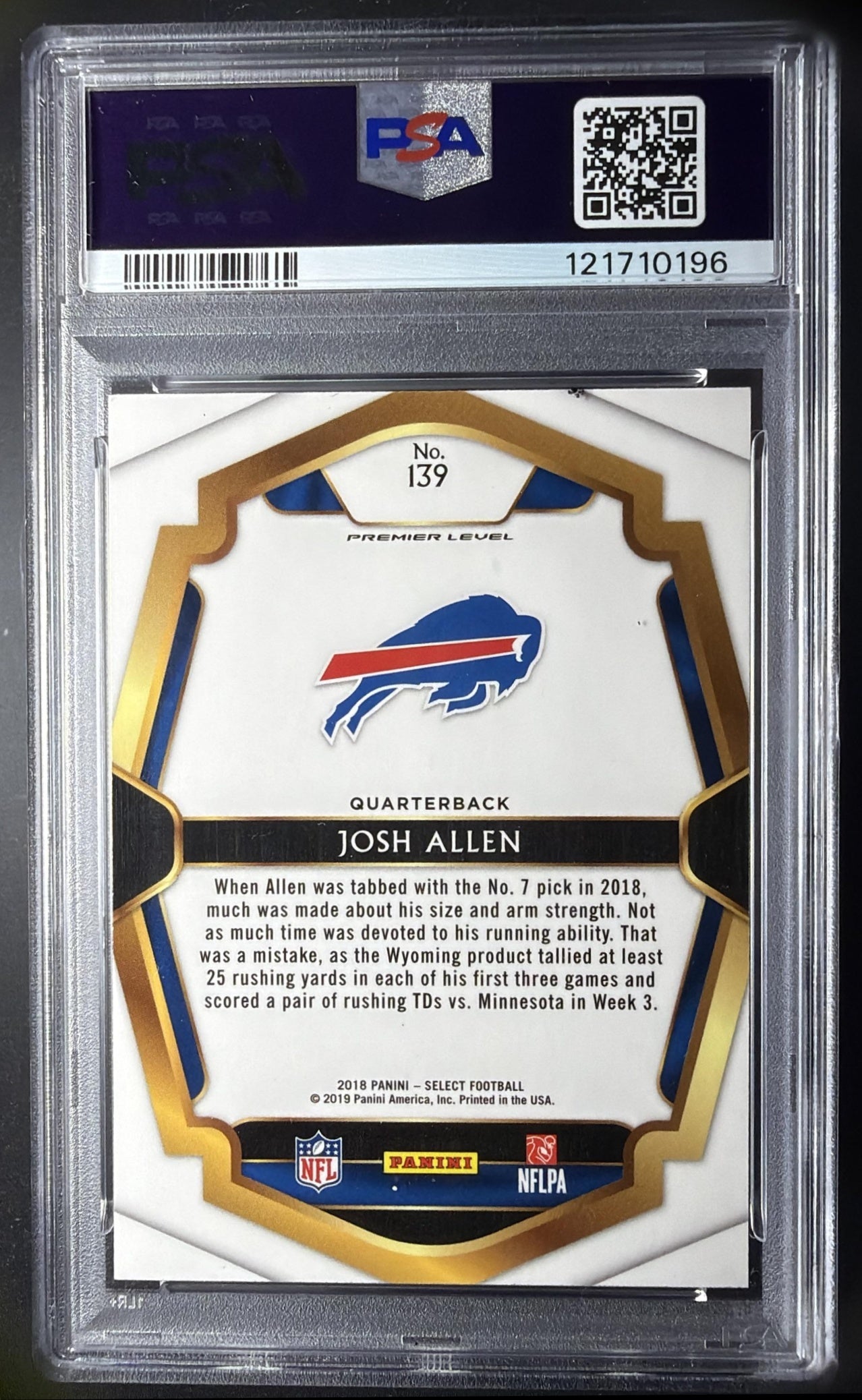 2018 Panini Select Josh Allen #139 RC Premier Level PSA 10