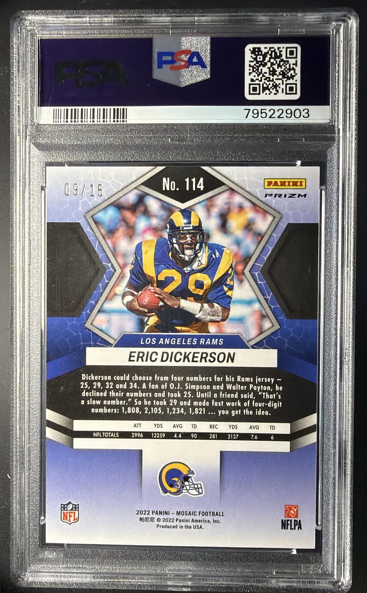 2022 Panini Mosaic Eric Dickerson Blue Fluorescent /15 PSA 10